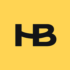 Yellow background with black stylized H and B letters logo