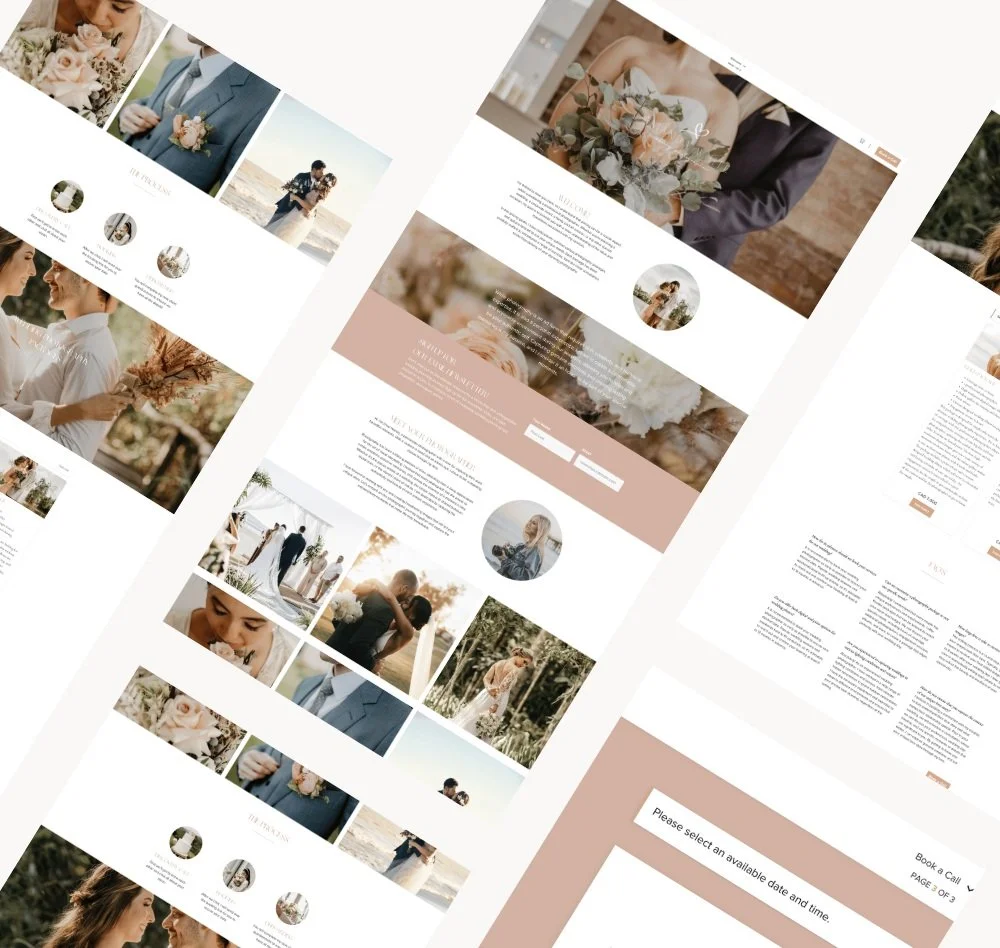 Image showcasing a wedding website layout with various sections, photos of couples, floral arrangements, and contact details.