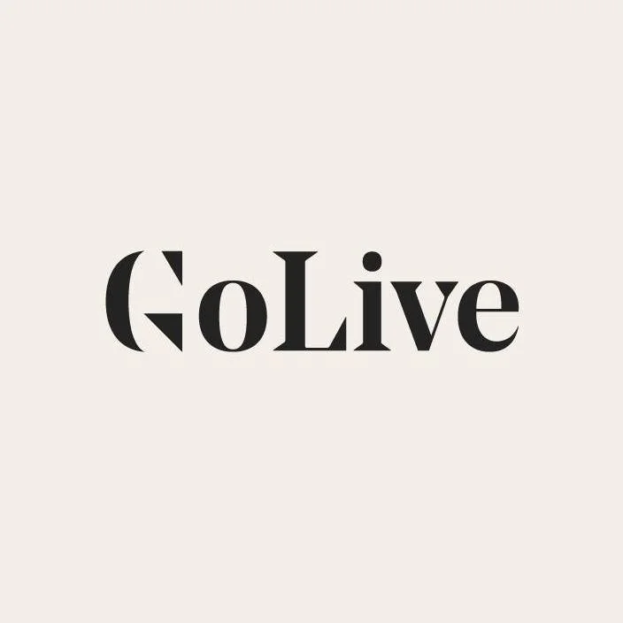 Stylized 'GoLive' text logo on a beige background.