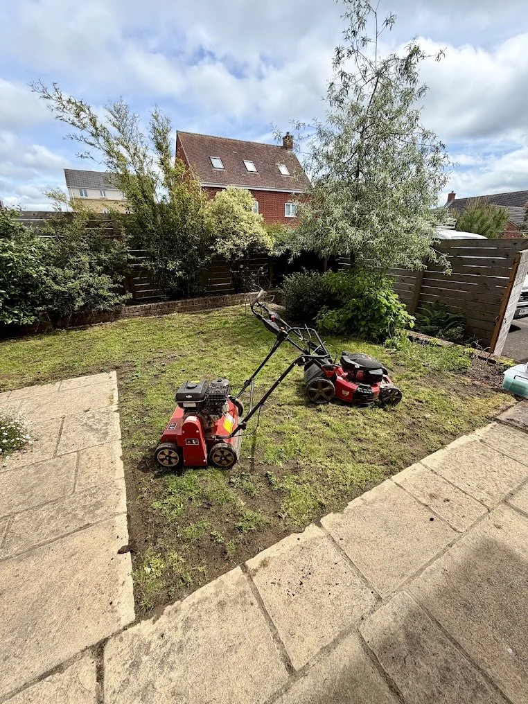 A backyard with a patch of grass, two lawnmowers, and a patio with stone tiles. There are trees, bushes, a wooden fence, and a house with a sloped roof in the background.