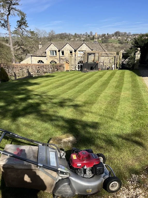 A well-maintained backyard with a lawn mower in the foreground, a large green grassy area with striped mowing pattern, stone houses with multiple roofs and chimneys, and a rural landscape with trees and distant houses under a blue sky.