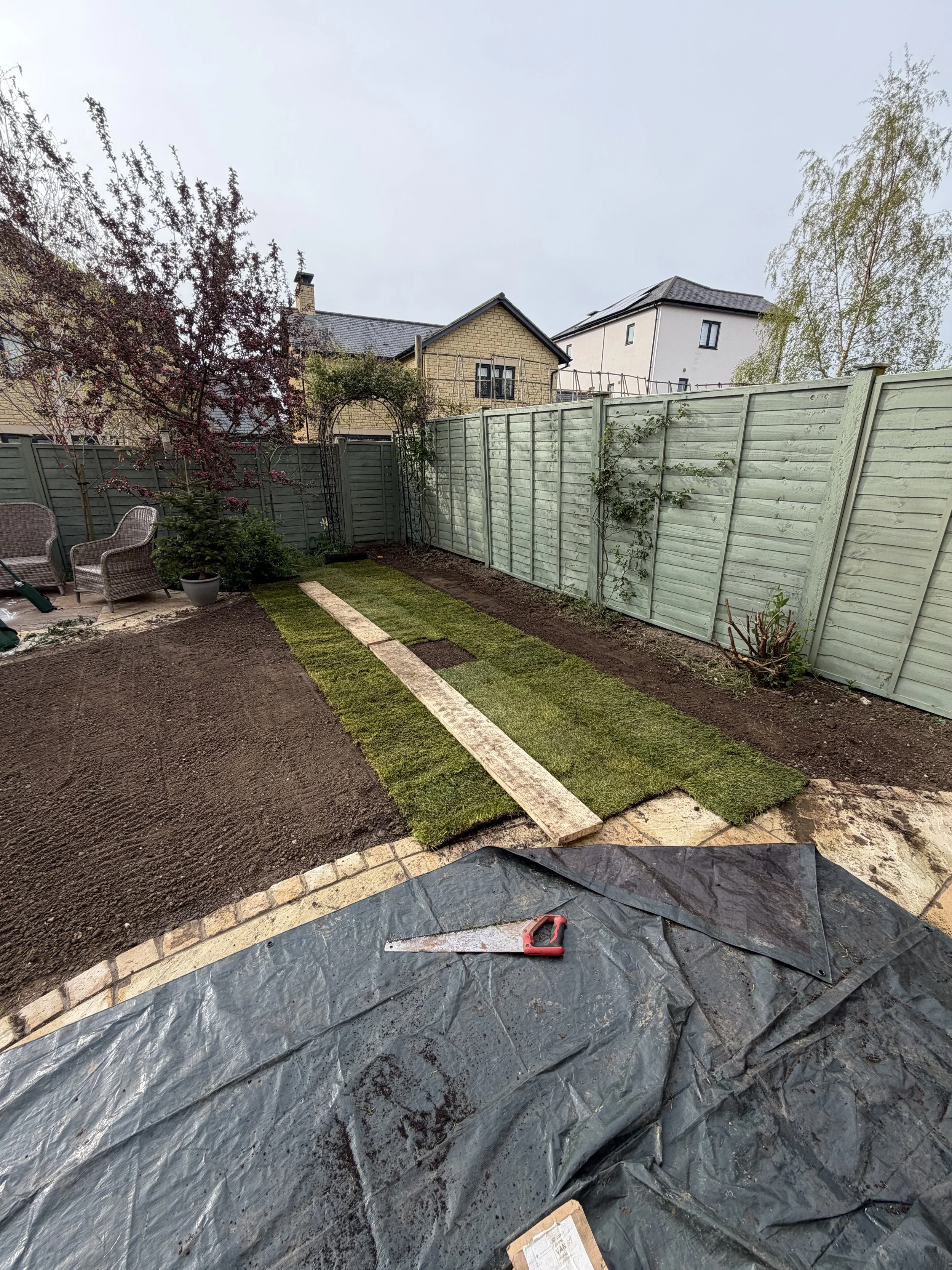 New lawn turfing project in Stroud, Gloucestershire, with freshly prepared ground and quality turf being professionally laid for a smart, healthy finish.
