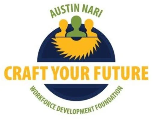 Logo for Austin Nari Workforce Development Foundation with the slogan "Craft Your Future" and an illustration of three stylized people above a stylized mountain.