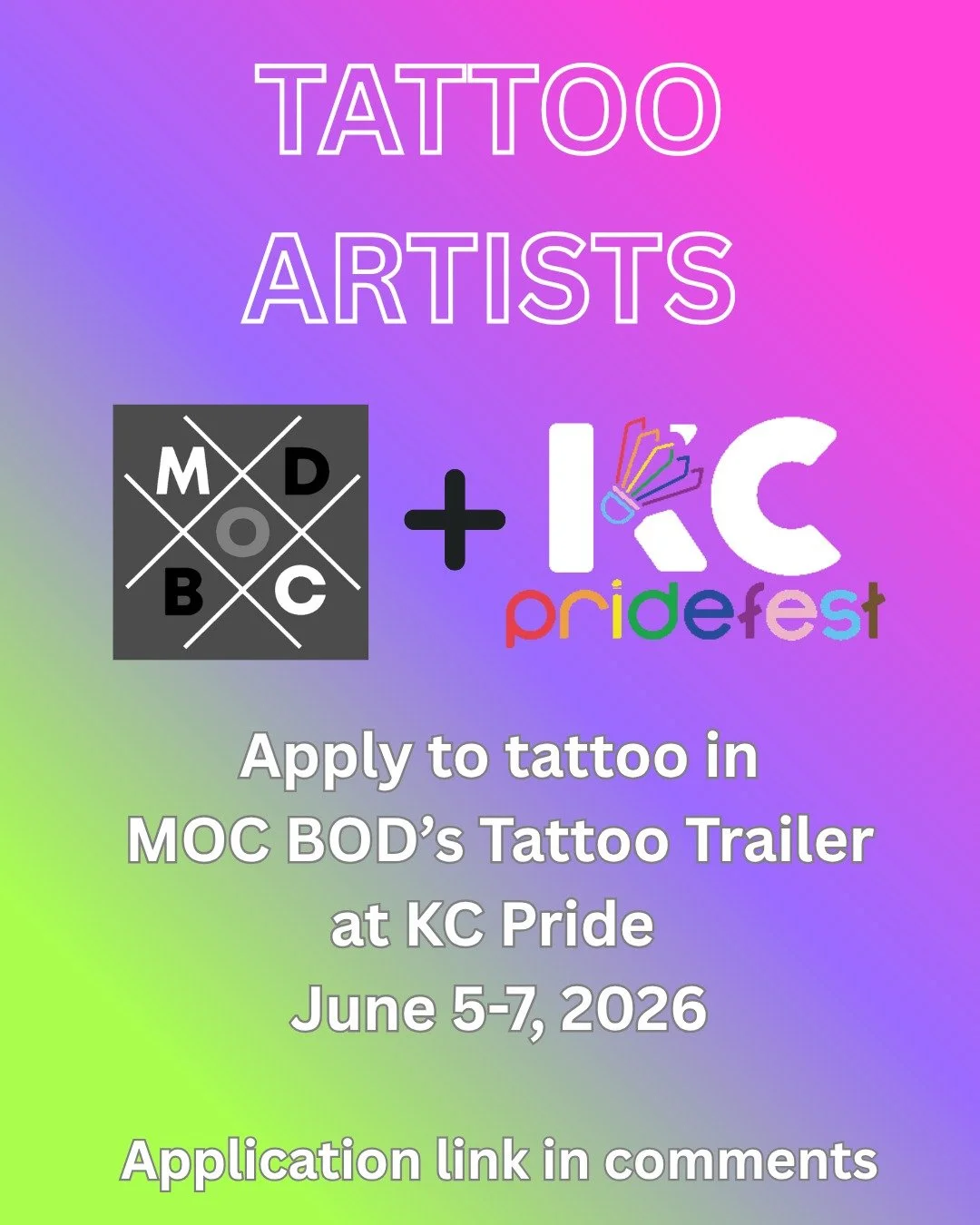 Hey, #kctattooartist 👀!!! Due to popular demand, we are bringing the #Tattoo Trailer back to KC Pride! Don't miss out -- we're looking for 4-6 artists to showcase their #flash skills. Find more details in the application, linked below. #lgbtq #fomo
