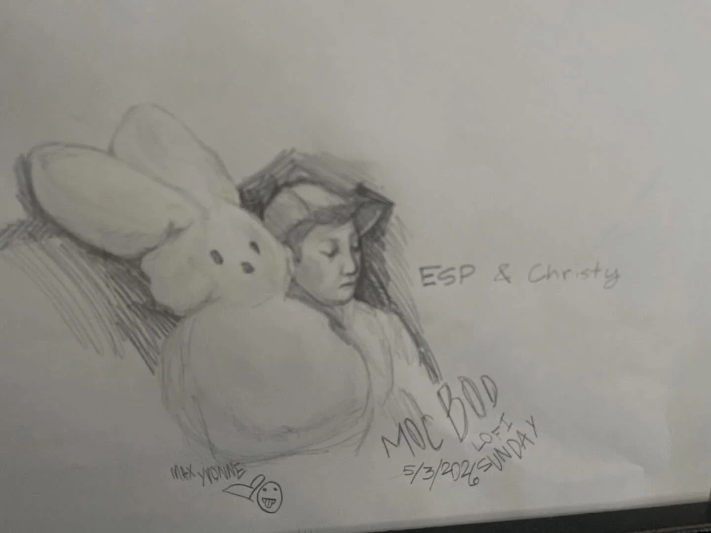 We have a talented #artist hanging at #lofi Sunday and they drew me chillin&rsquo; with my Peep! Thank you, Max! Love it! 🥹🐥 #pencilportrait #talent