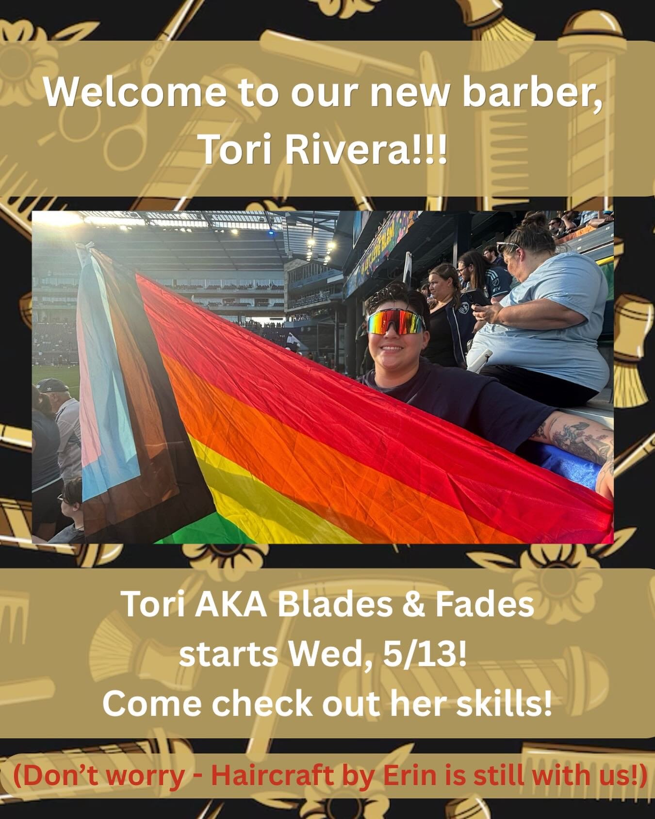 We are sooooo excited to welcome @toris_barberlife to the shop! She will be splitting time between KC and her family barbershop in KS. Get on her books for a fresh #fade 👀🎩🌈🙌🫶🥳 #kcbarber #lgbtq #growth (Don&rsquo;t worry&mdash; Erin is still go