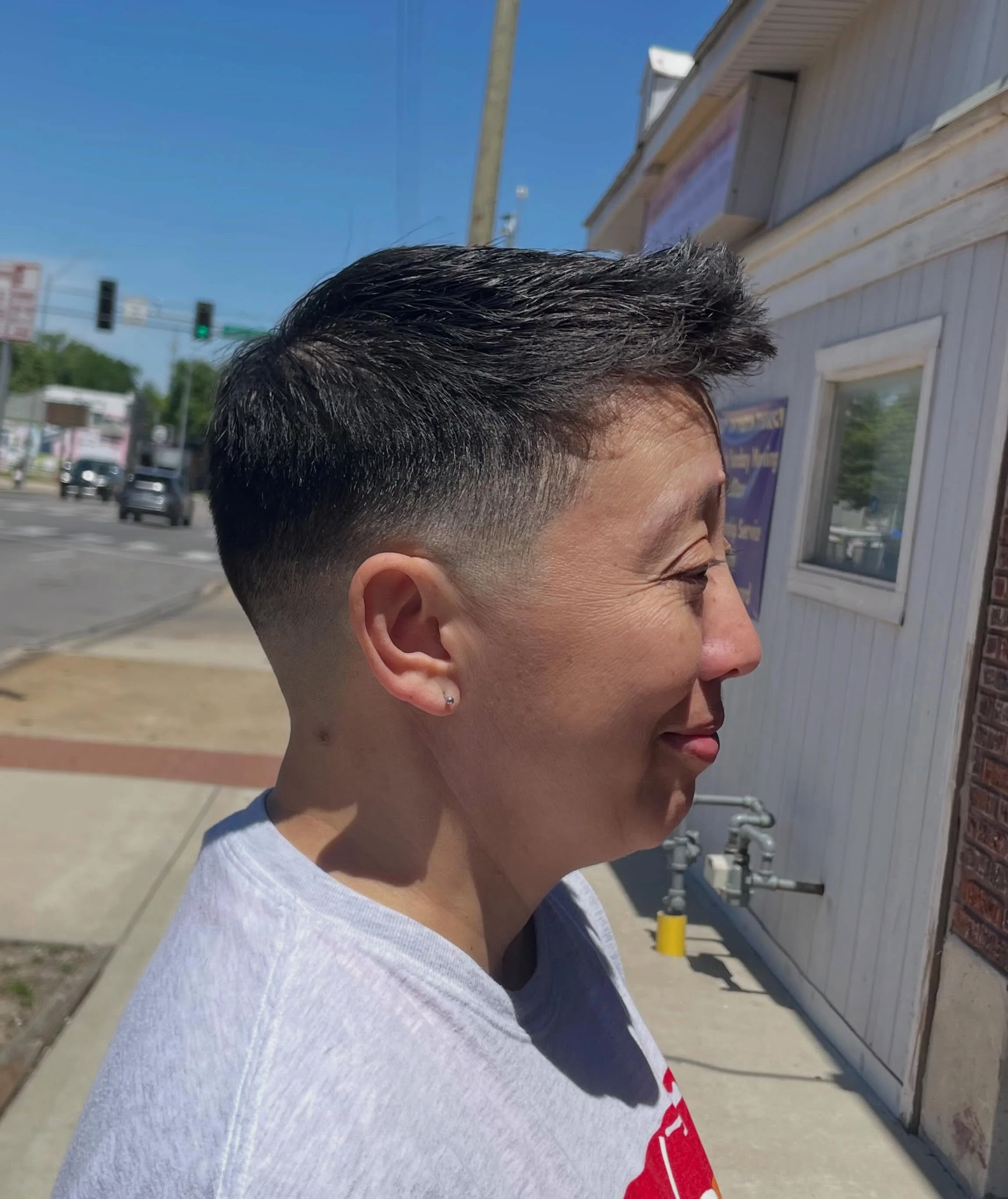 8 days after a #fade from @toris_barberlife and I am still getting compliments every time I step outside. I haven&rsquo;t even used product the last three days. She&rsquo;s taking walk-ins today, fam. #lgbtqhair #lgbtq #goodhaircut #butch