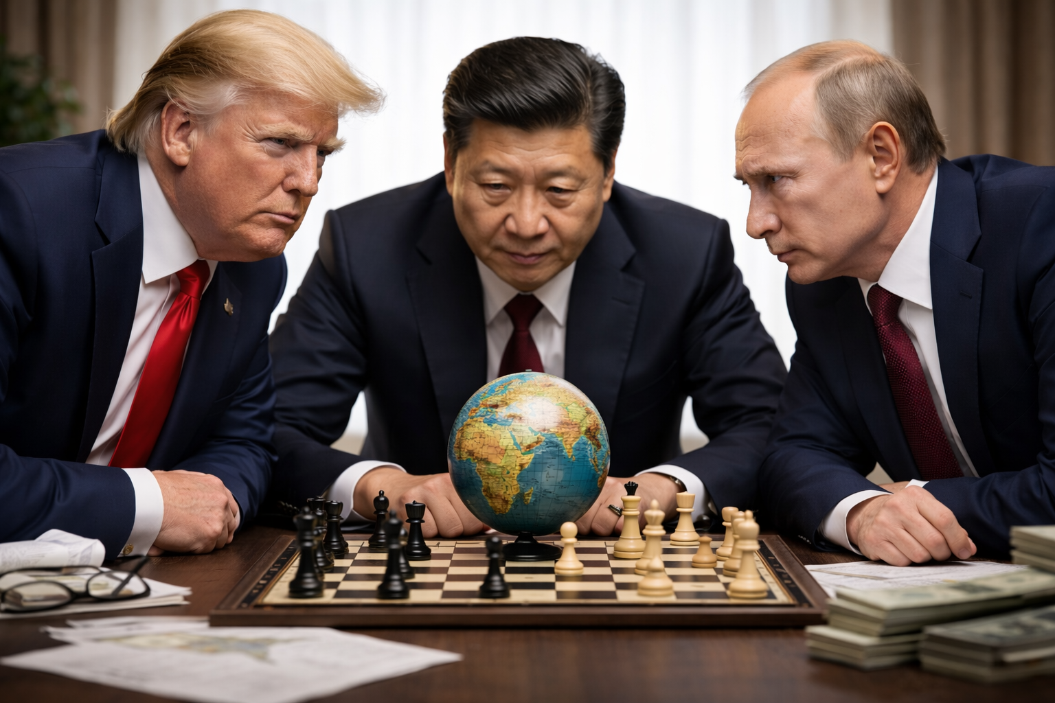Trump, Xi Jinping et Poutine autour d'un jeu d'échecs