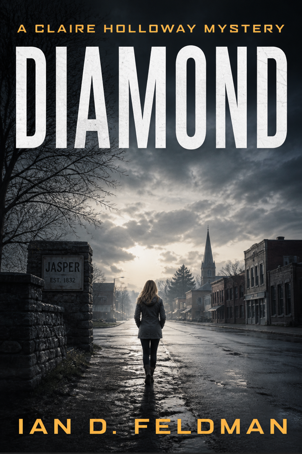 Book cover titled "Diamond" by Ian D. Feldman, featuring a woman walking down a deserted street in Jasper, with overcast sky and historic buildings.