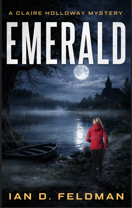 Book cover titled "Emerald" by Ian D. Feldman, featuring a nighttime scene with a river, a boat, a woman in a red jacket, a large full moon, a church steeple, and dark trees.