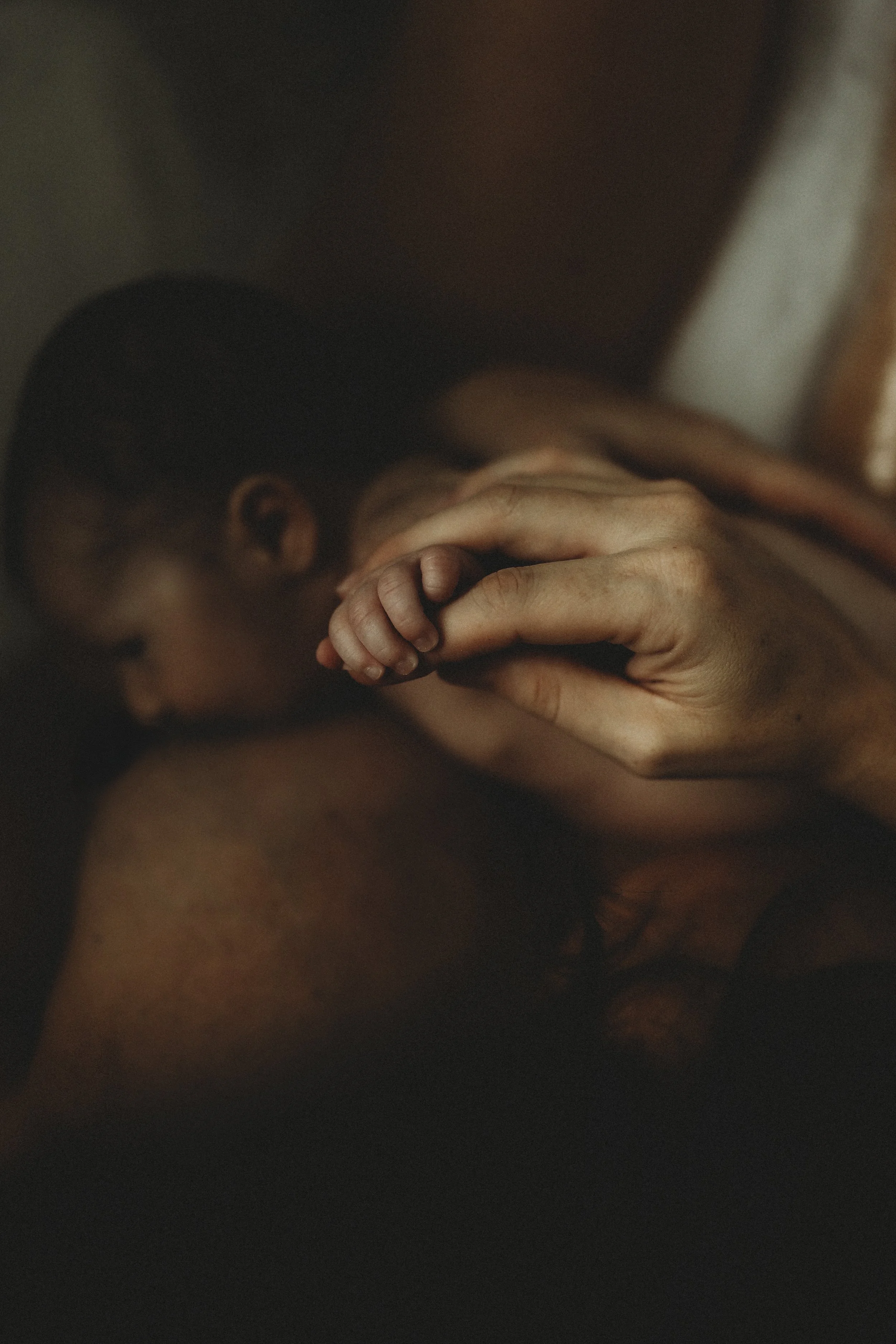 Close-up of a newborn’s tiny hand gently resting in a parent’s fingers during an in-home bath.