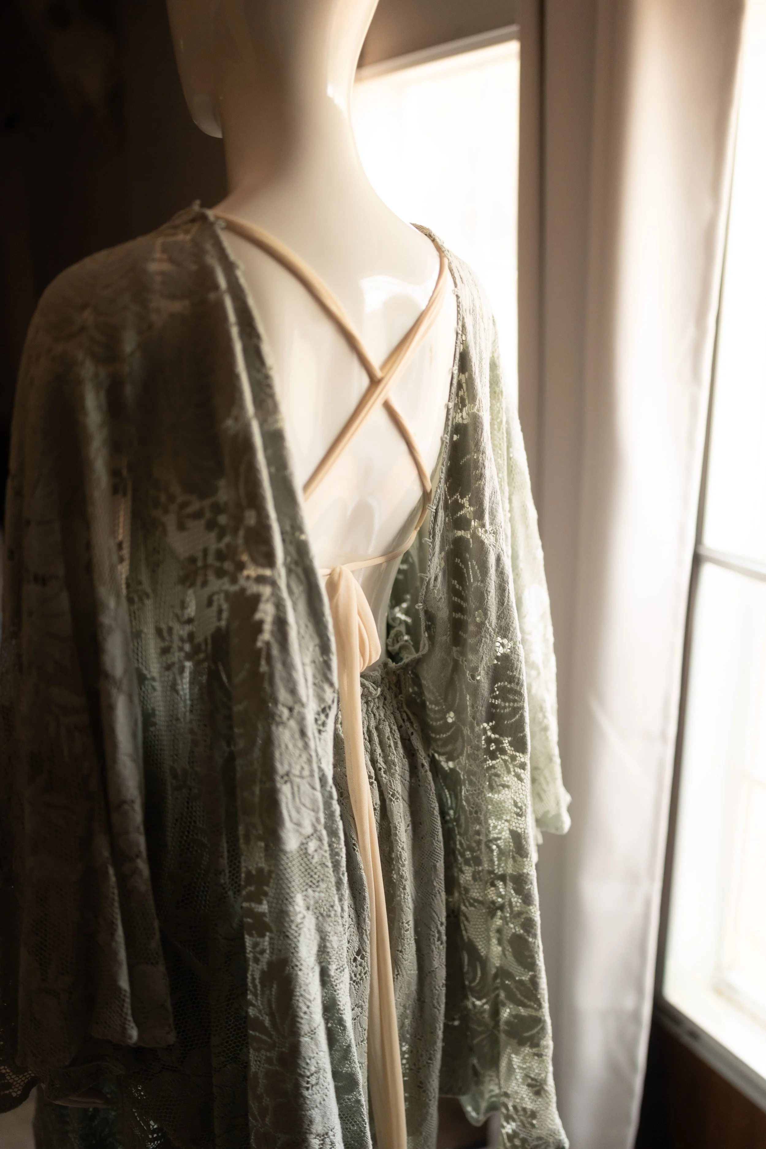 Soft lace maxi dress with long sleeves, a deep V neckline, and an intricate floral lace pattern, styled on a mannequin in warm natural light.