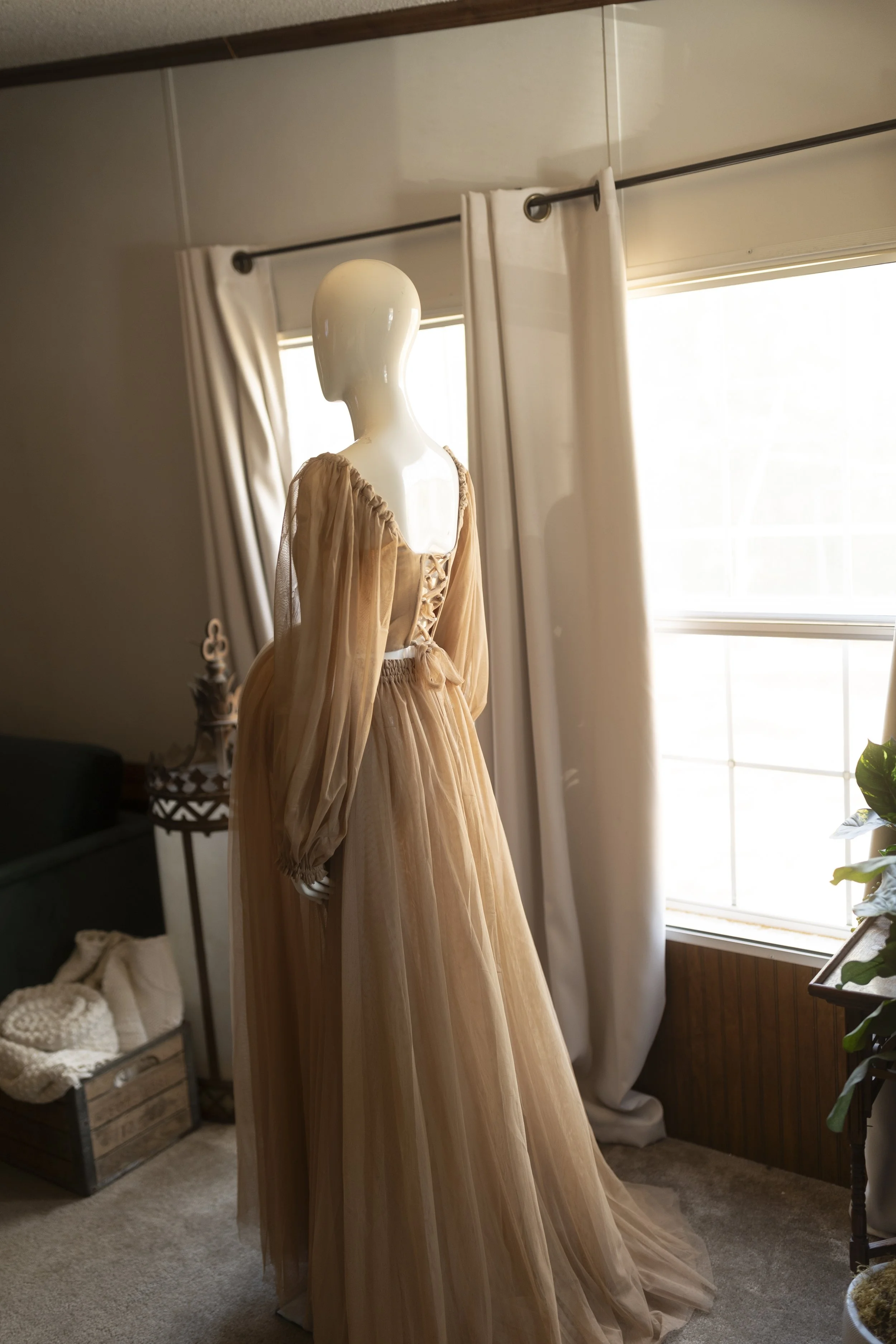 Sheer tulle maxi dress with long flowing sleeves, a softly structured bodice, and a lightweight skirt, styled on a mannequin in warm natural light for an airy, romantic look.