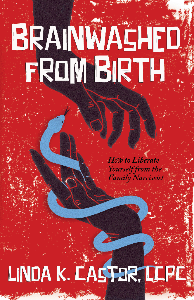 Boook cover design for "Brainwashed From Birth" by Linda Castor with hands reaching up and down with blue snake wrapped around one. red splotchy background