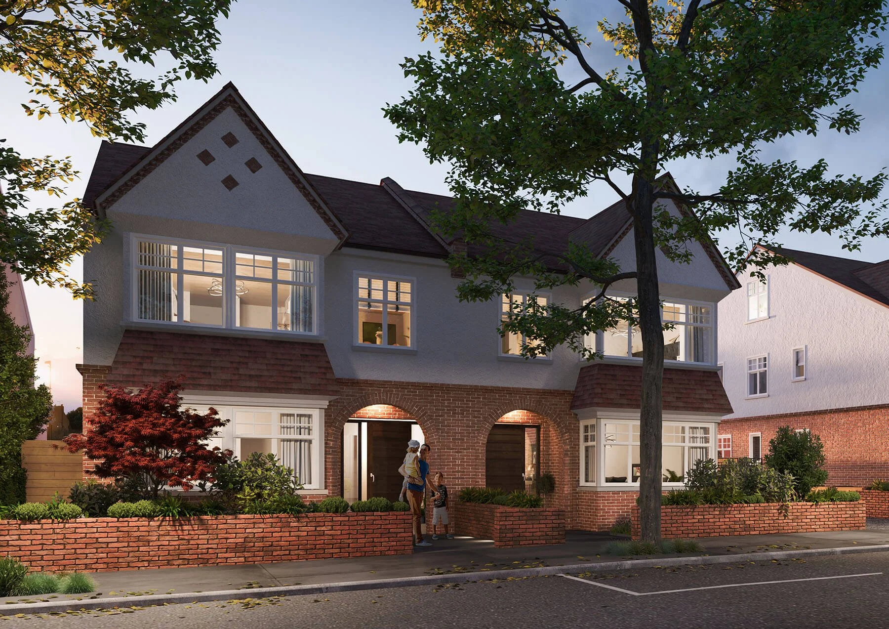 New build semi-detached dwellings designed by MSK Design Ltd in Enfield, featuring traditional brick and render façades with pitched roofs and arched entrances in a period-style development in Oakwood