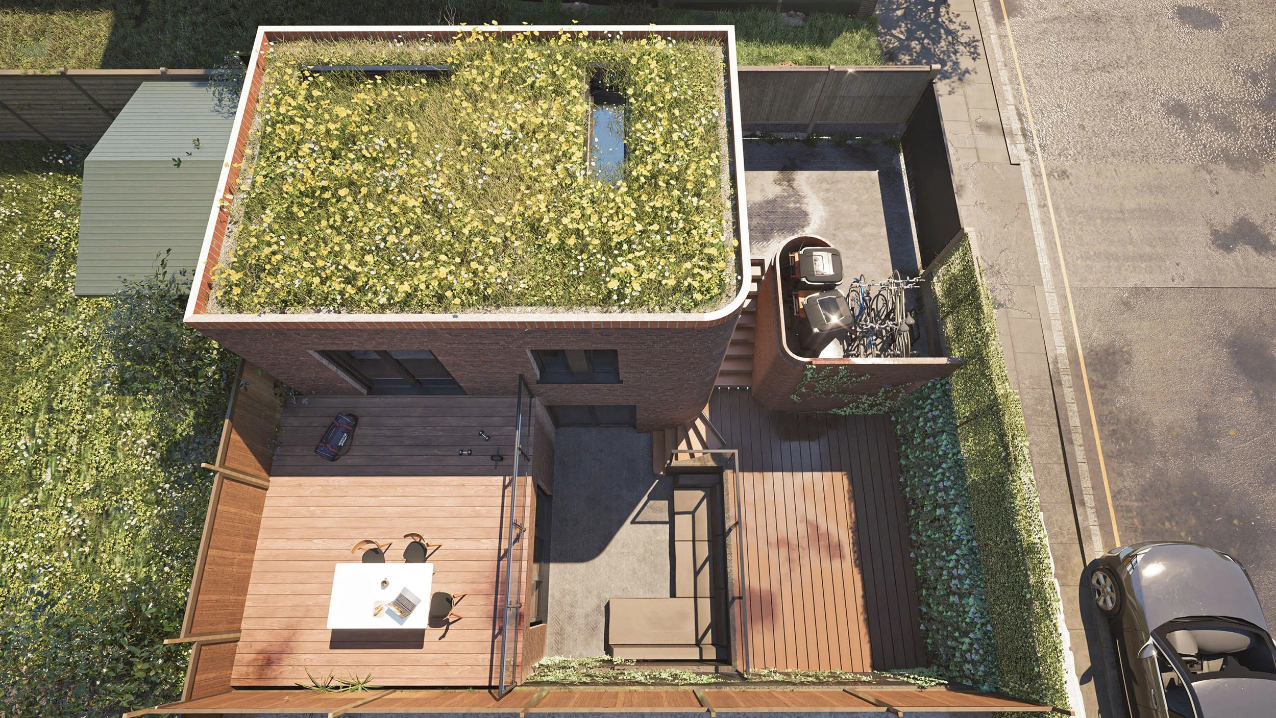 Aerial view of a modern new-build dwelling with green roof designed by MSK Design Ltd in Barnet, London