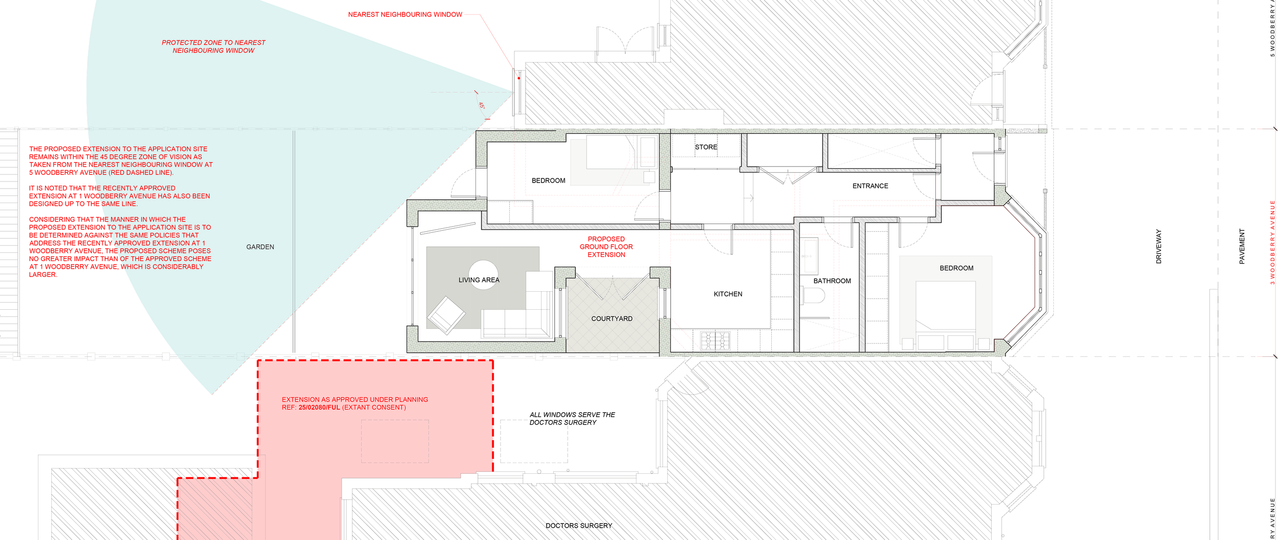 Proposed ground floor plan for approved rear extension at 3 Woodberry Avenue Enfield showing 45 degree amenity assessment by MSK Design
