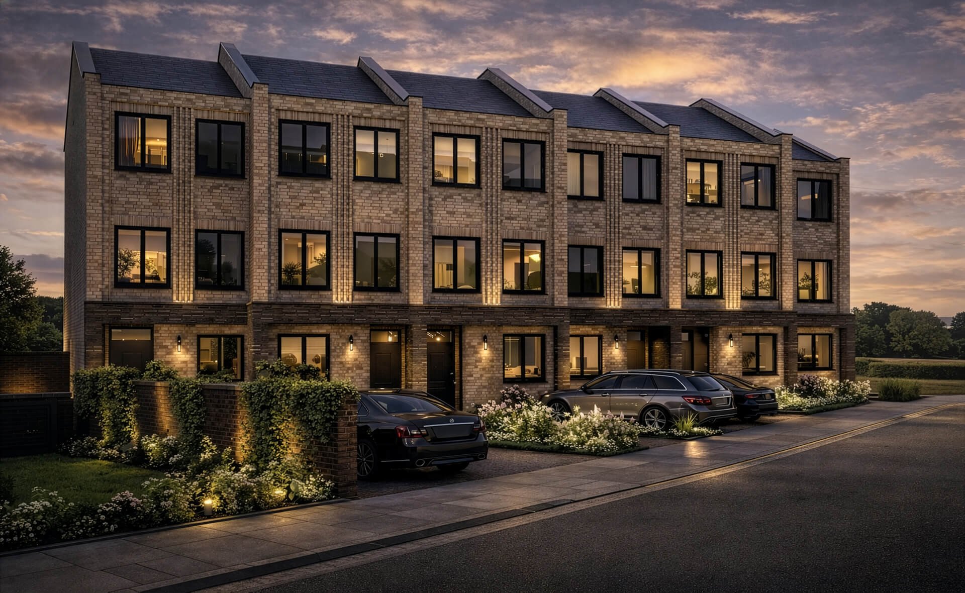 Street elevation of modern new build townhouses in Redbridge, Ilford, designed by MSK Design Ltd. The scheme showcases refined brick detailing and demonstrates expertise in residential planning and contextual modern architecture.