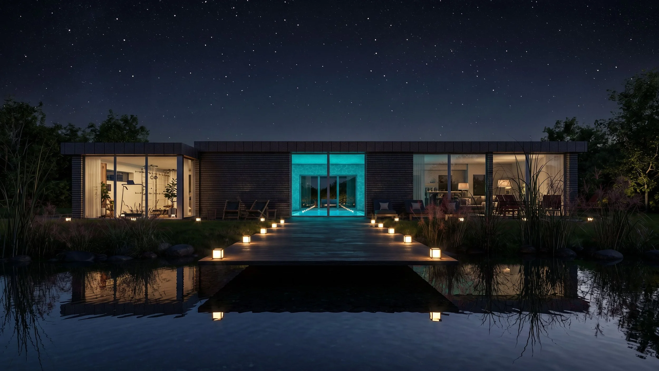 Night-time exterior view of a modern commercial development in Barnet designed by MSK Design Ltd. The project features a gym and swimming pool within a greenbelt setting, delivered through specialist planning expertise and architectural design.