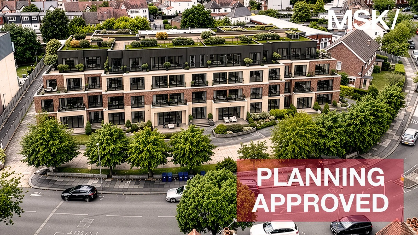 Airspace development in Hendon, Barnet with two additional storeys and green roof terraces, granted planning approval.