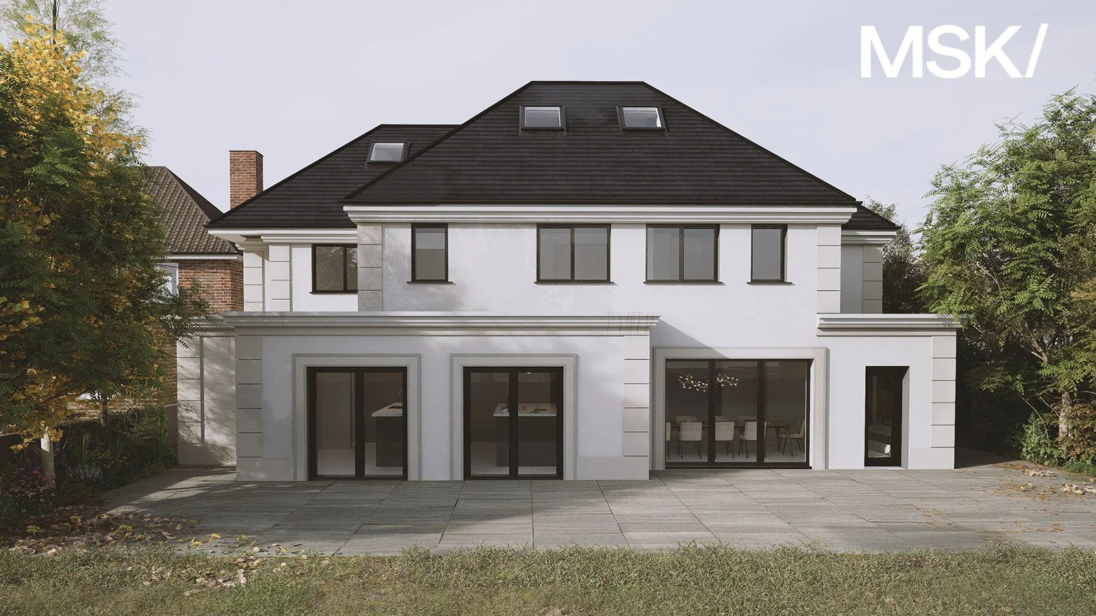 Proposed rear elevation of a high-end residential extension in Cambridge, showing contemporary design with large glazed openings and refined material palette by MSK Design Ltd