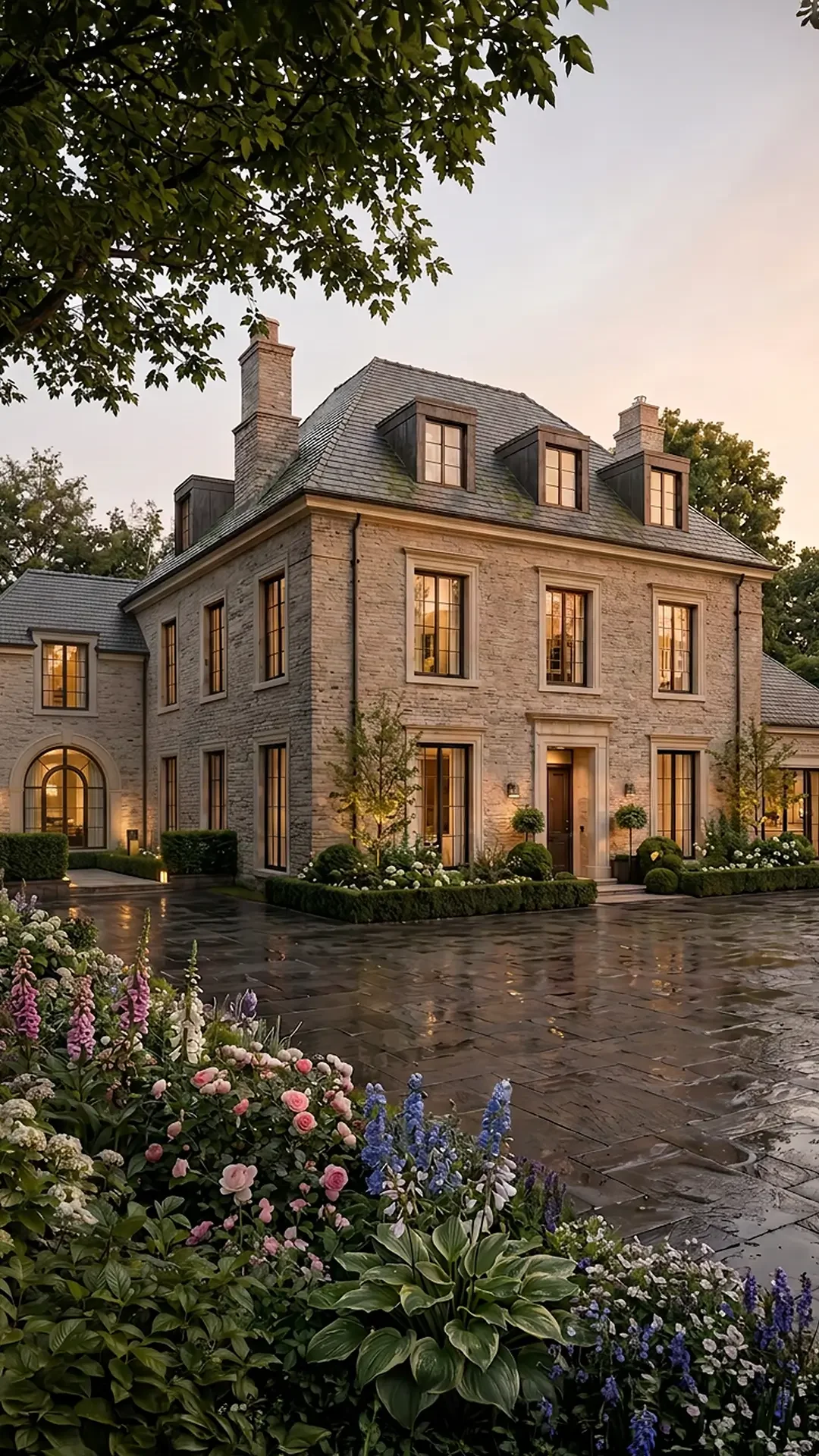 High-end new build home designed with traditional architectural detailing and landscaped gardens