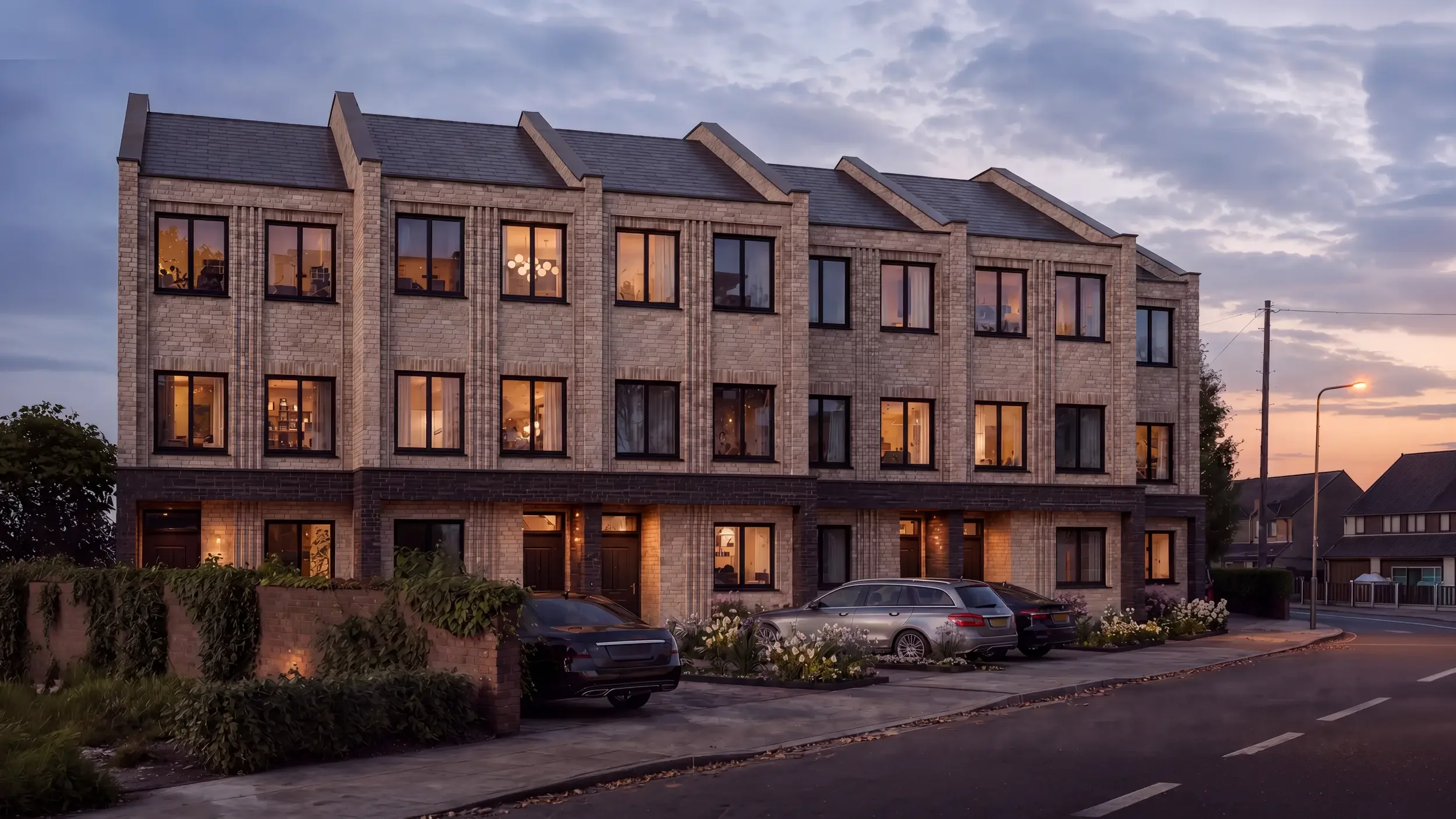 Street elevation of modern new build townhouses in Redbridge, Ilford, designed by MSK Design Ltd. The scheme showcases refined brick detailing and demonstrates expertise in residential planning and contextual modern architecture.