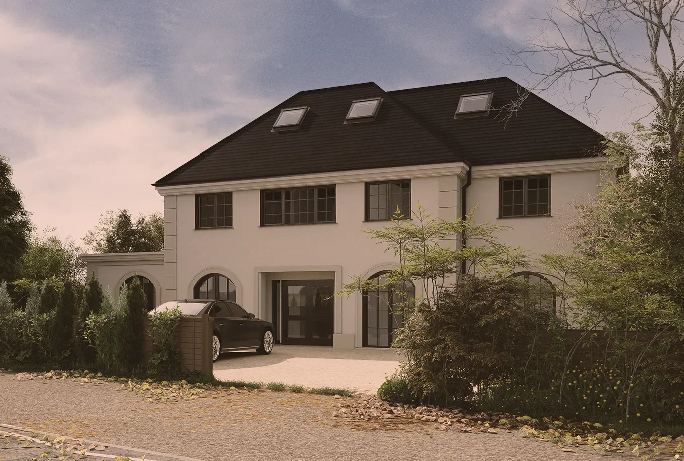Exterior CGI of a contemporary new build dwelling designed by MSK Design, showing a two-storey home with pitched roof, large windows and landscaped frontage