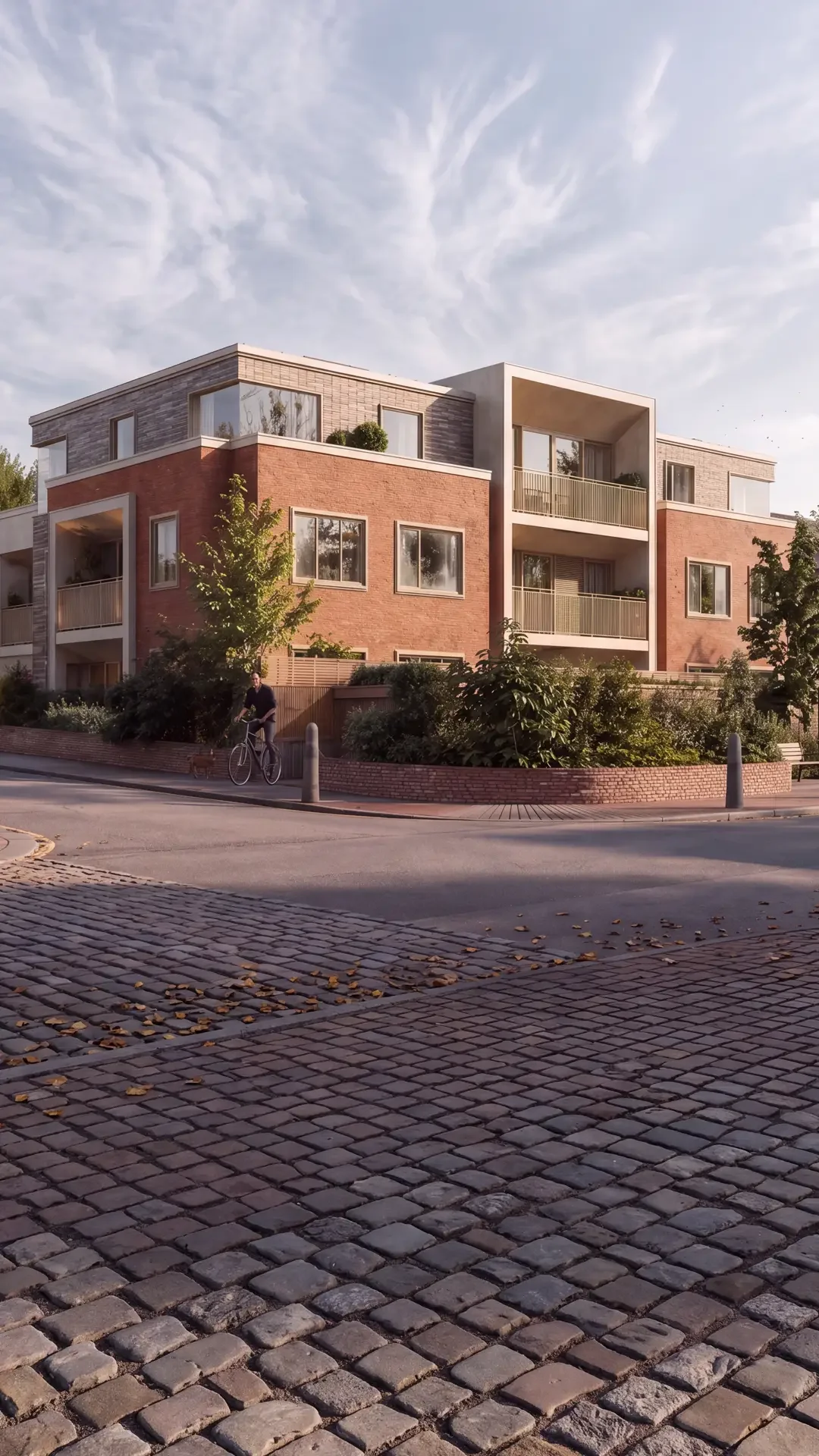 Contemporary new-build residential flats in Whetstone, Barnet, showcasing elegant brick and timber detailing designed and planned by MSK Design Ltd through a complex planning process.