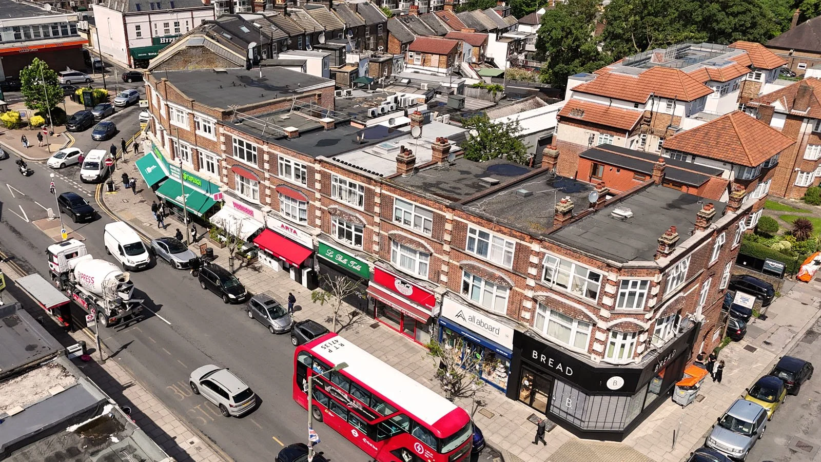 Aerial view of Brent Street in Hendon showing the town centre location of the 5-bed HMO planning approval by MSK Design Ltd