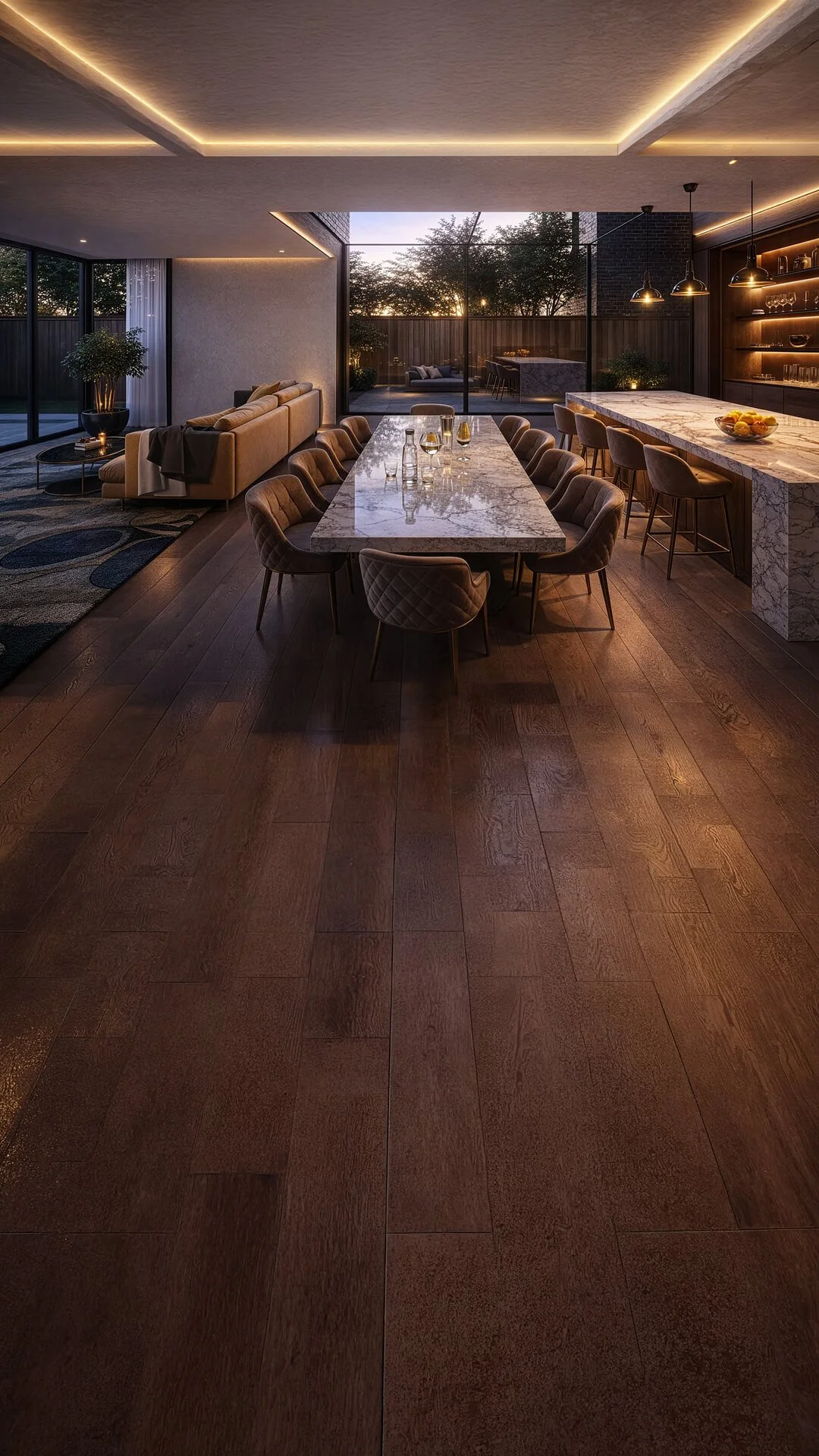 Open-plan modern kitchen, dining and living space within a contemporary house extension in Hadley Wood, Barnet, featuring marble island, bespoke cabinetry, warm lighting and full-height glazing opening onto a landscaped garden.