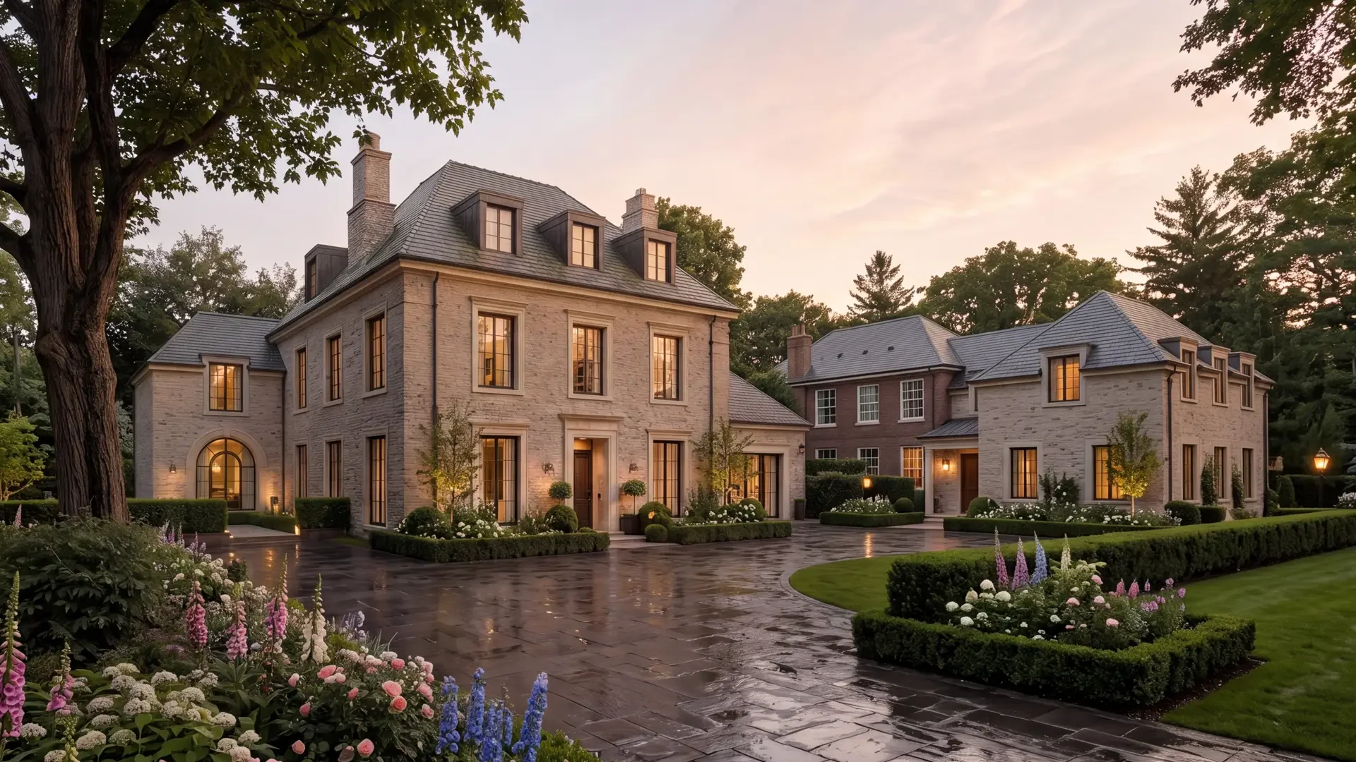 High-end new build home with traditional architectural detailing, landscaped gardens and a spacious private driveway