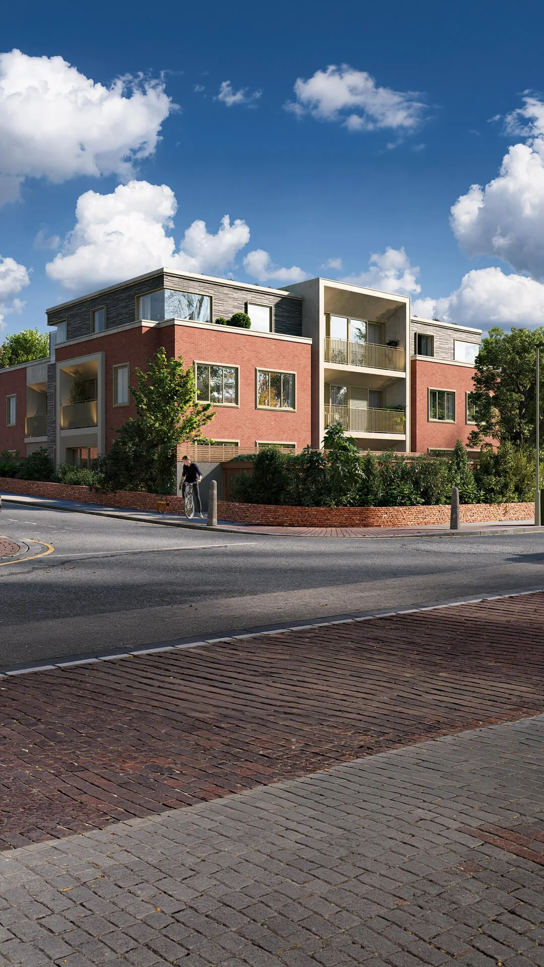 Contemporary new-build residential flats in Whetstone, Barnet, showcasing elegant brick and timber detailing designed and planned by MSK Design Ltd through a complex planning process.