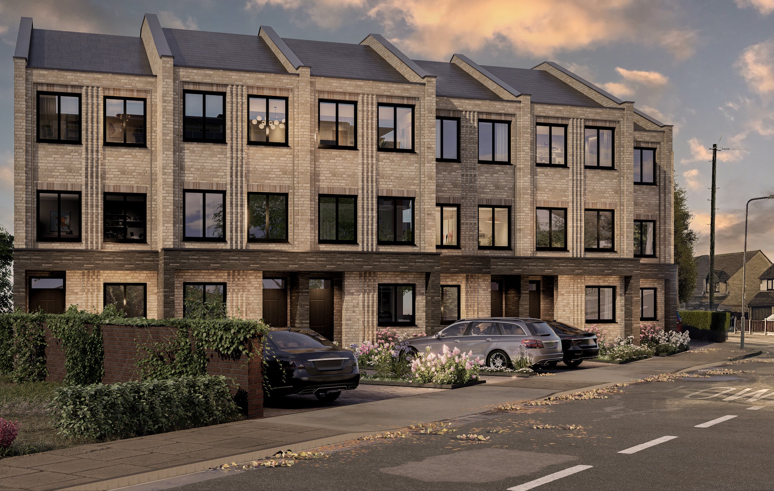 brick faced block of townhouses with modern brick detailing