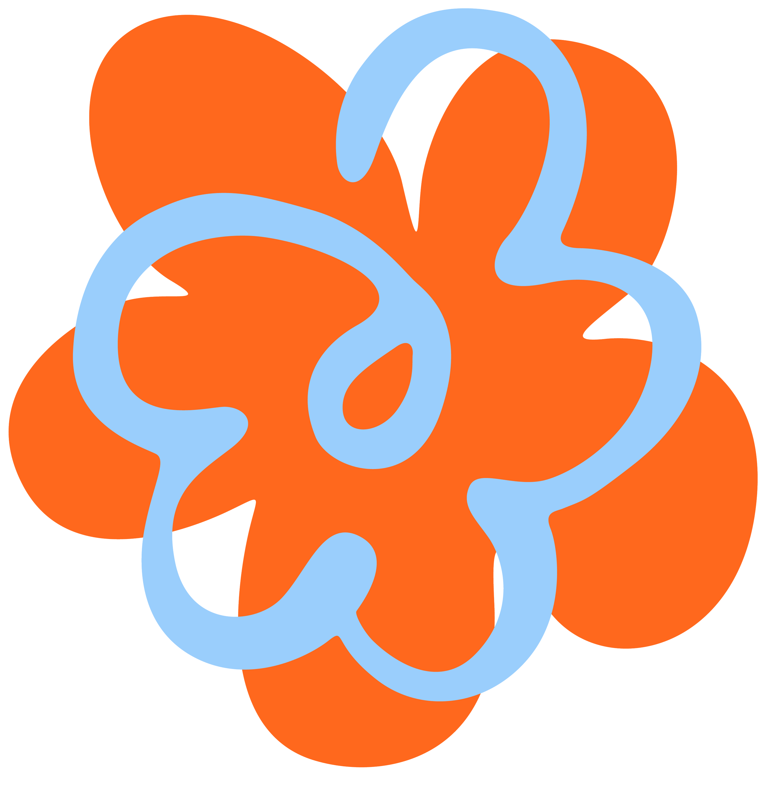 Abstract digital art with intertwined orange shapes and light blue flowing lines on a black background.