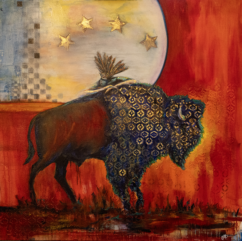 Bison with Relaxed Woman