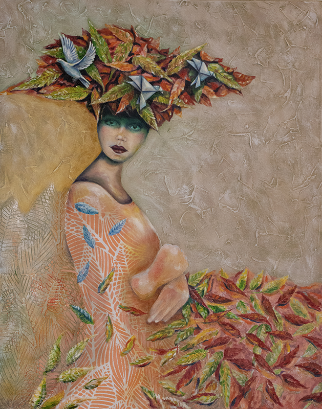 Blue Doves in Crimson Leaves