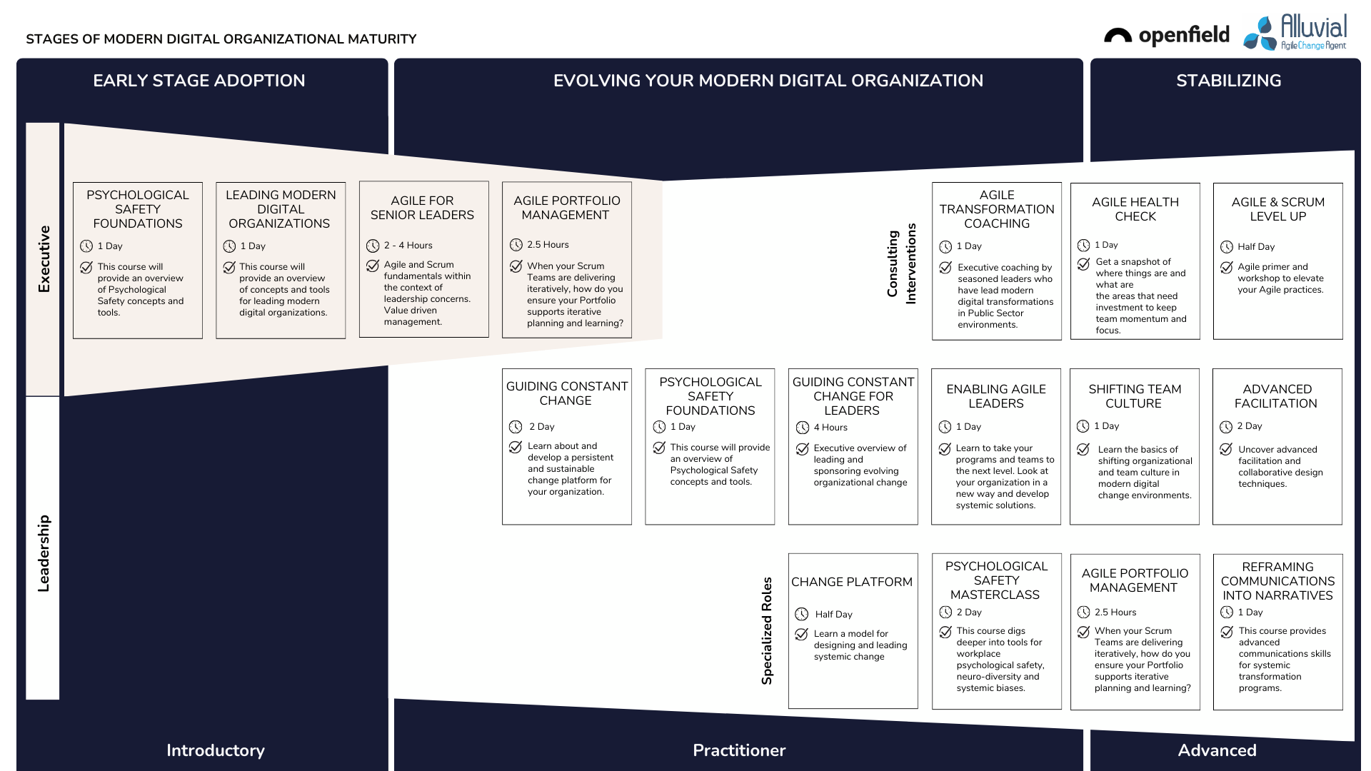 Chart illustrating stages of modern digital organizational maturity, divided into three phases: early stage adoption, evolving your modern digital organization, and stabilizing. It categorizes courses by leadership, consulting interventions, and specialized roles, including topics like psychological safety, digital transformation, agile practices, change management, and communication strategies.