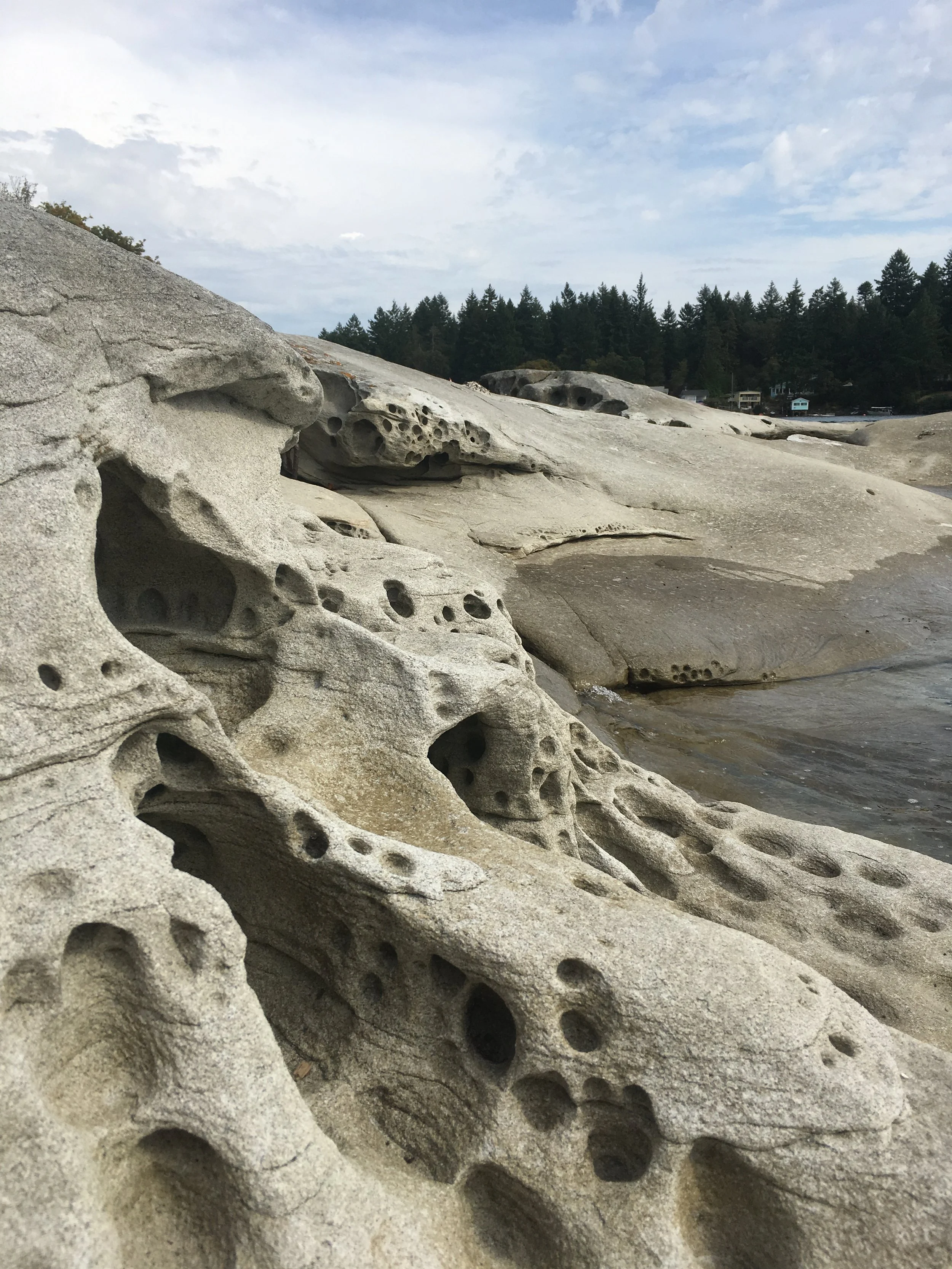 Ocean rocks with holes and a cloudy sky in the background.