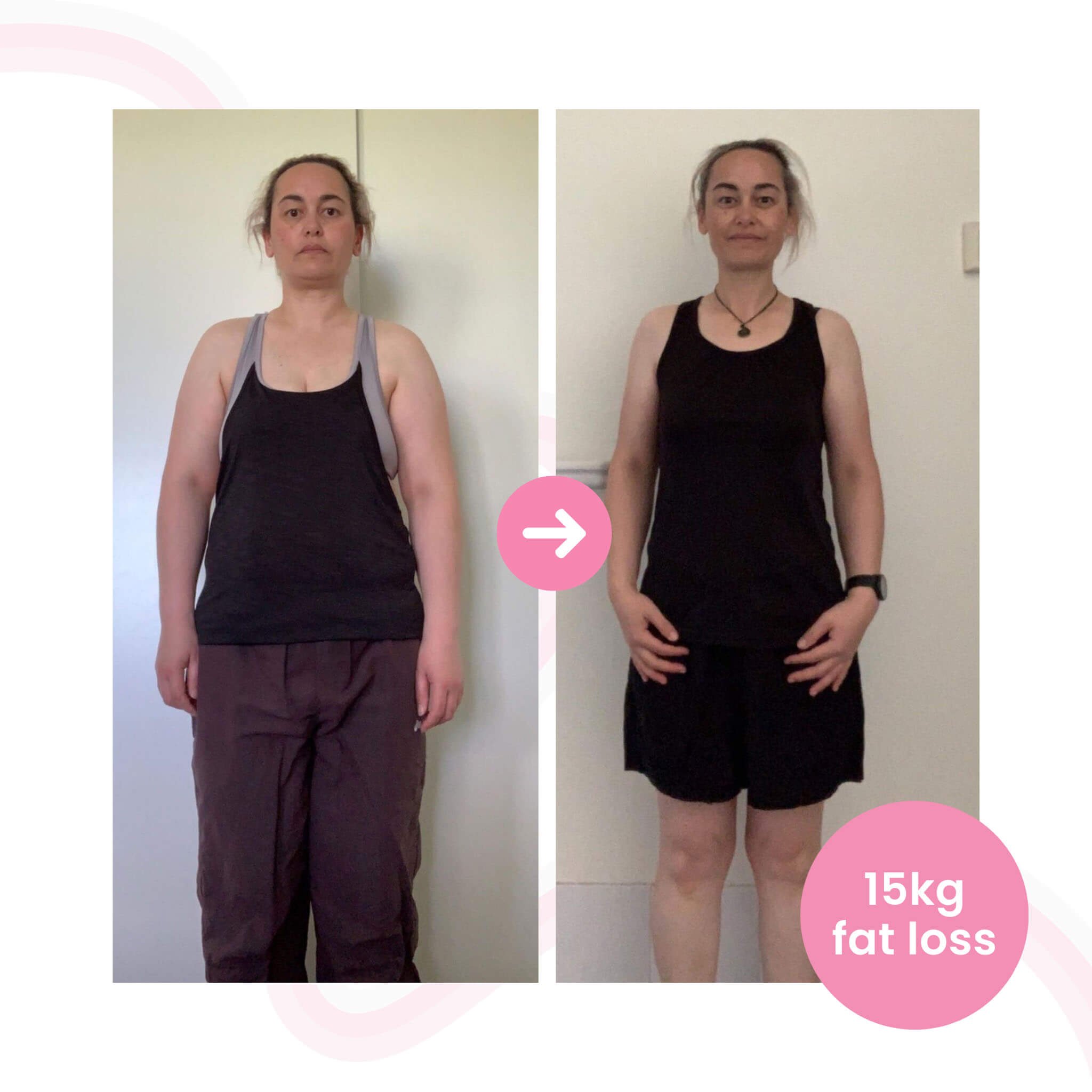 Female client weight loss before and after transformation