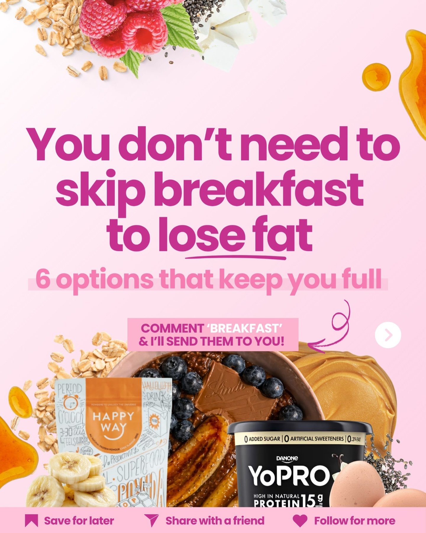 HIGH PROTEIN BREAKFAST FRENZY 🍓 Comment &ldquo;BREAKFAST&rdquo; &amp; I&rsquo;ll send them straight to your inbox! 📨 

Time to upgrade your breakfast (and your results)?👇

From creamy overnight oats to bacon-and-egg McMuffins, I&rsquo;ve got you c