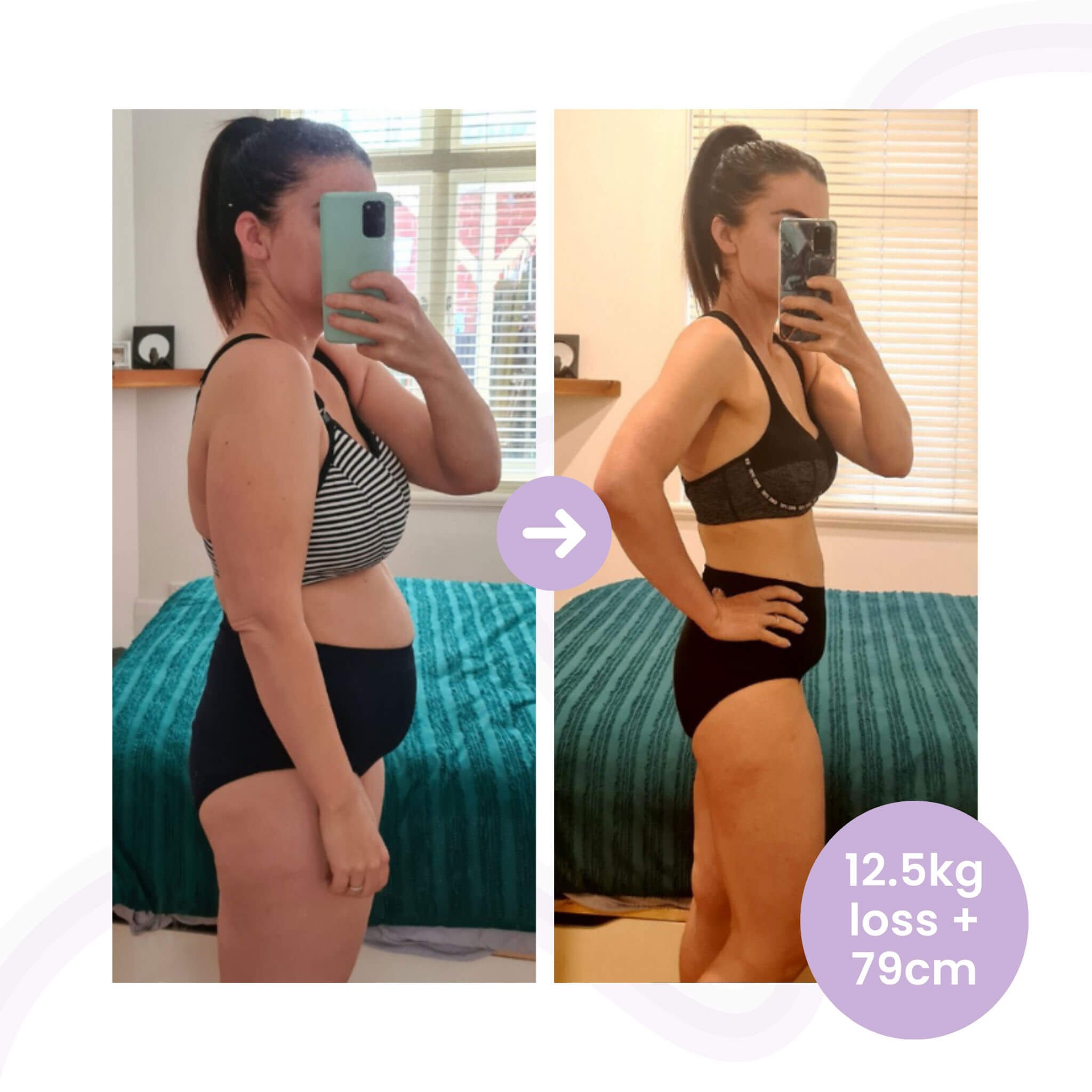 Female client weight loss before and after transformation