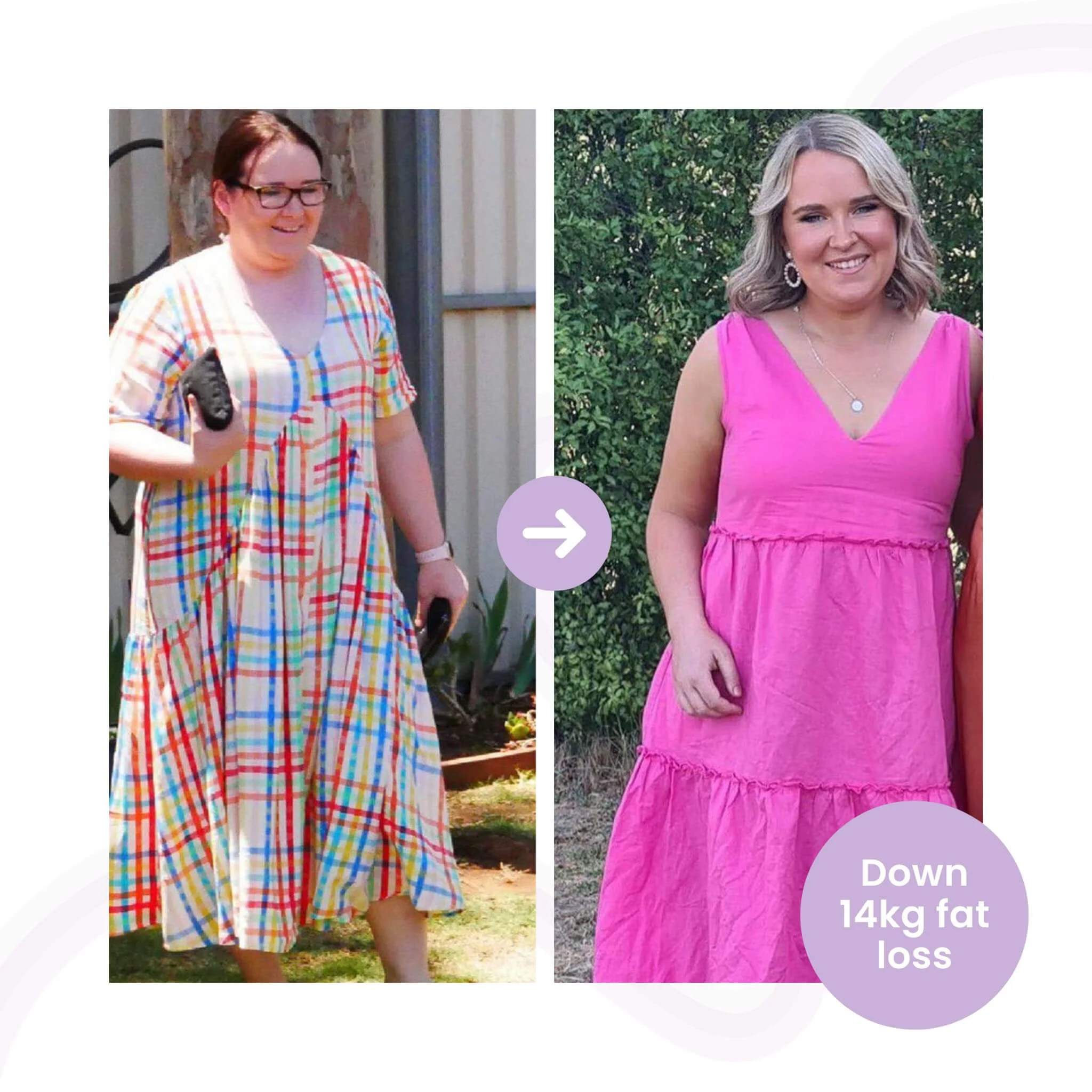 Female client weight loss before and after transformation