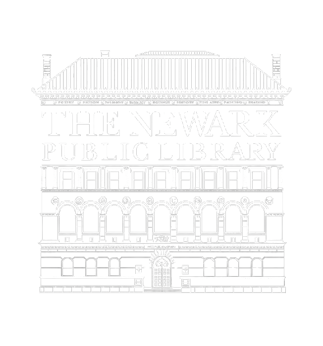 Outline illustration of the Newark Public Library building with text indicating its name.