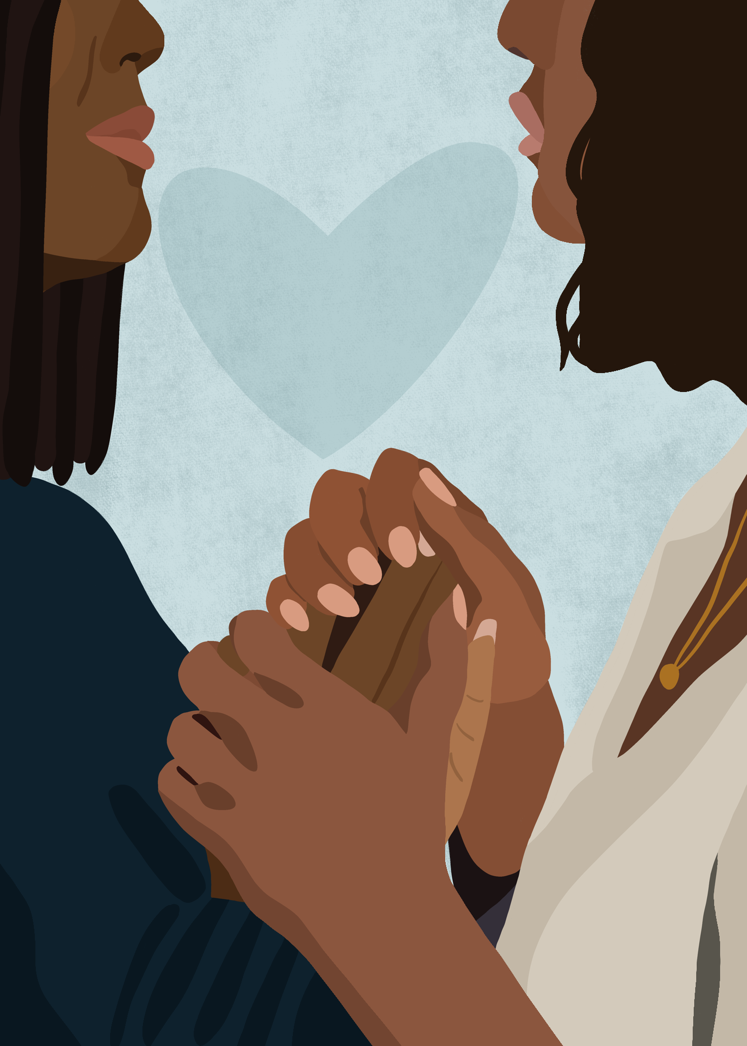 Illustration of two women holding hands and touching their foreheads, with a light blue heart in the background.