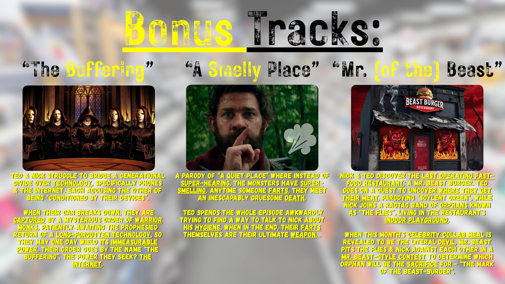 A promotional poster showcasing three bonus tracks with images and descriptions. The first image depicts five mysterious figures in black robes with hoods and masks, The second features a man in a forest with a contemplative expression, The third shows a restaurant named "Beast Burger" with two demonic red heads on the windows