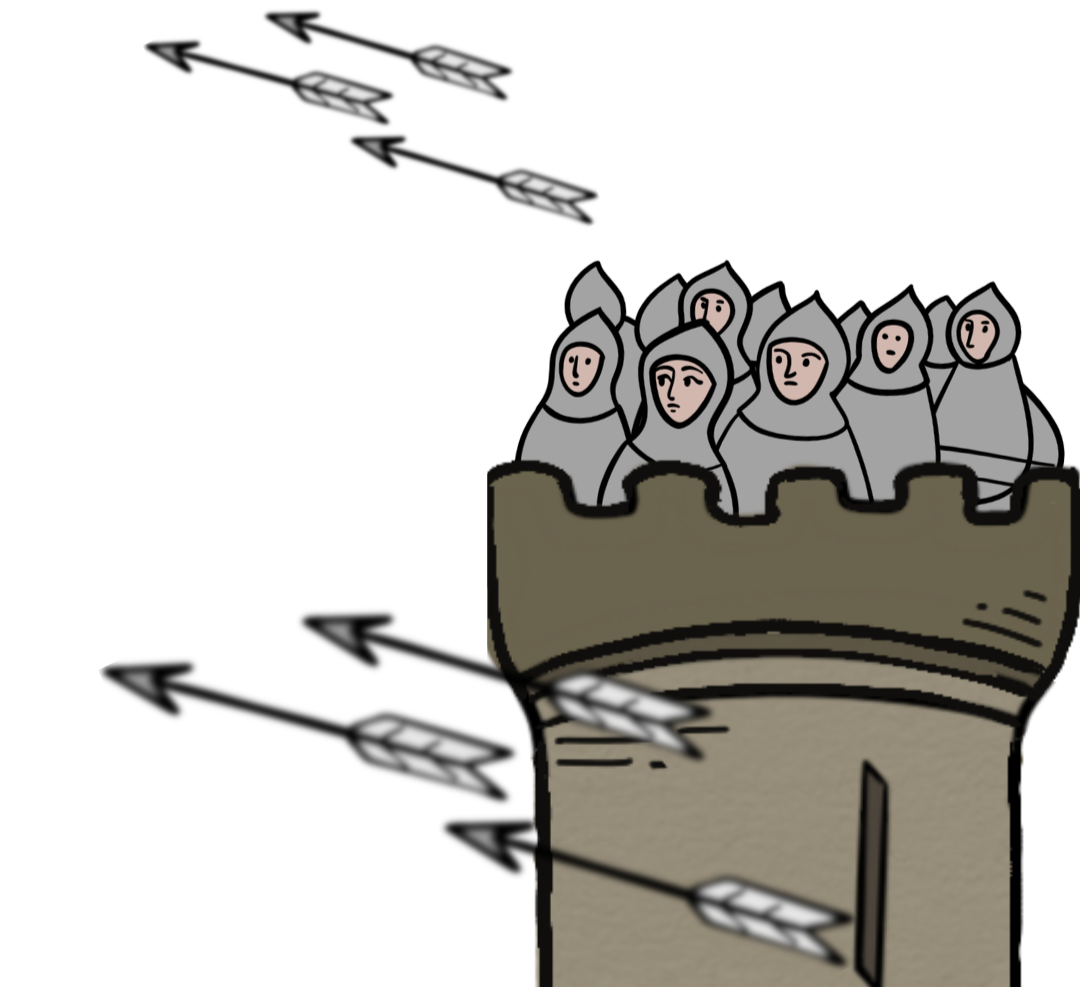 A cartoon drawing of a medieval castle tower with a group of knights in chainmail armor standing on top, and arrows flying through the air.