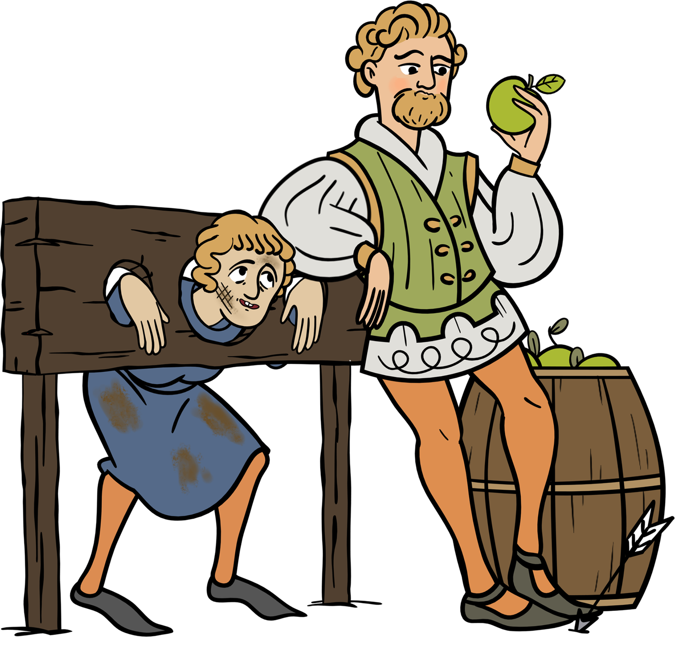 A cartoon scene of a nobleman in medieval attire, holding an apple, standing next to a peasant in a stockade. The person in the stockade has messy hair, a distressed expression, and is wearing a blue garment with dirt stains.