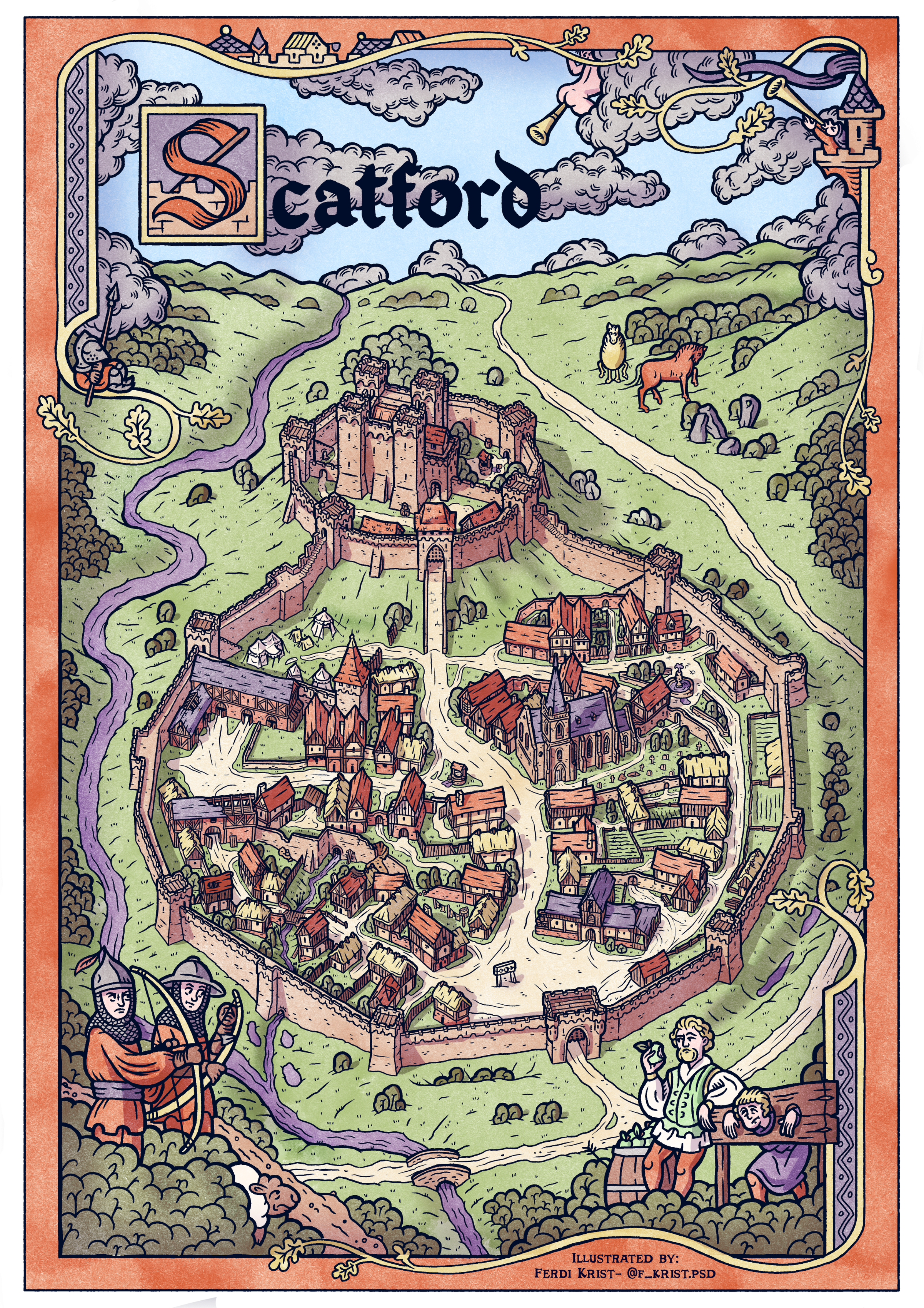A detailed illustrated map of a medieval town called Stattford, featuring walls, towers, and buildings, with surrounding countryside, trees, and animals like horses and sheep. There are also figures of people and absurd marginalia elements.