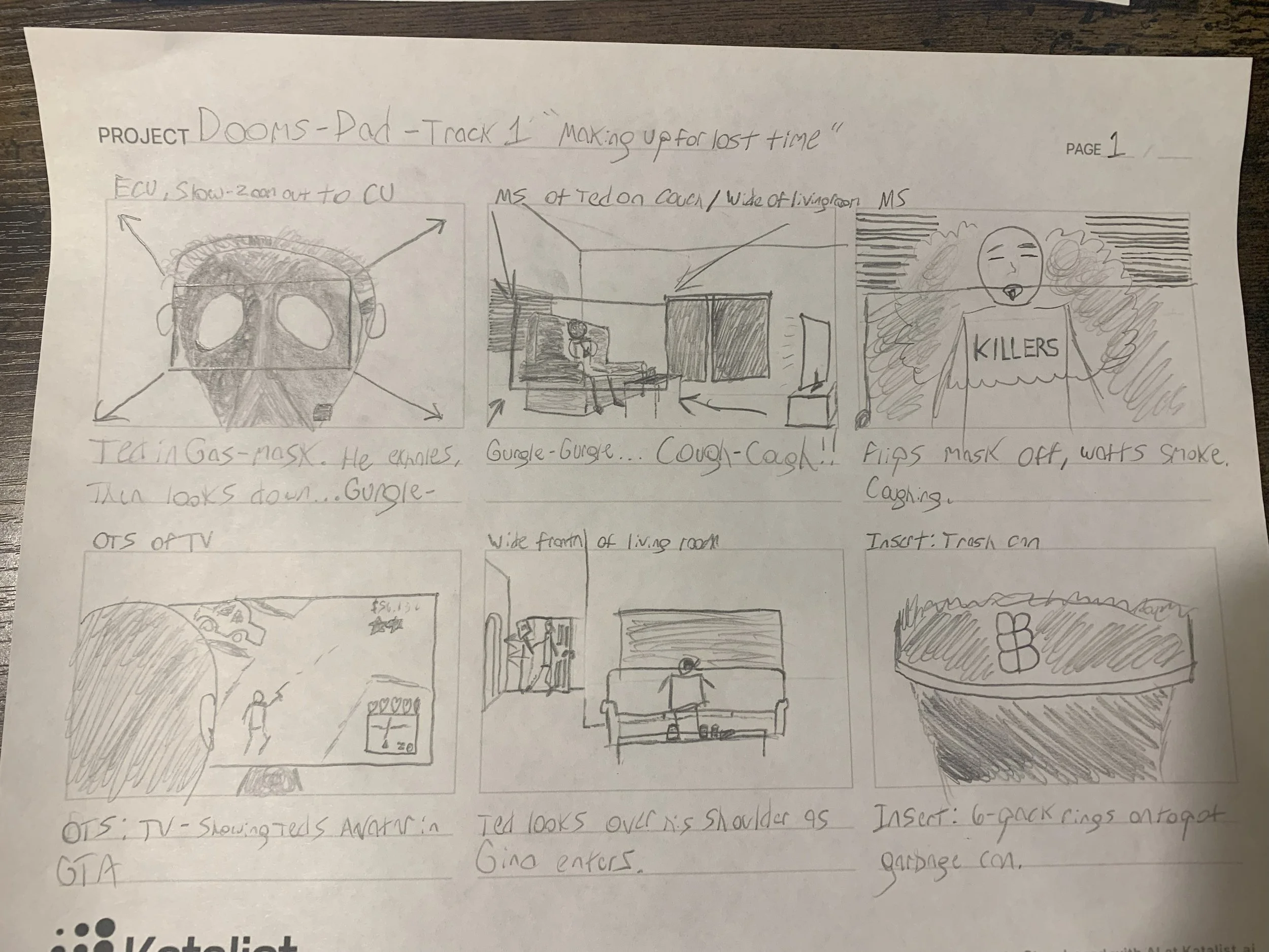 Hand-drawn storyboards and notes on a sheet of paper detailing scene 1 of the pilot episode of "Dooms-Dad" The sketches include images of a gas mask, a person sitting in a living room, a video game played on a tv, and Gina entering.